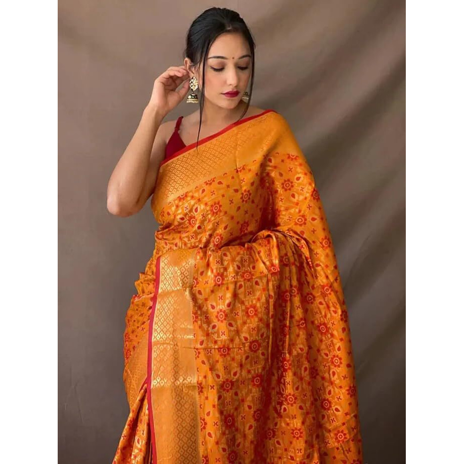 SGF11 Womens Kanjivaram patola Soft Lichi Silk Sarees With Unstitched Blouse Piece (Yellow)