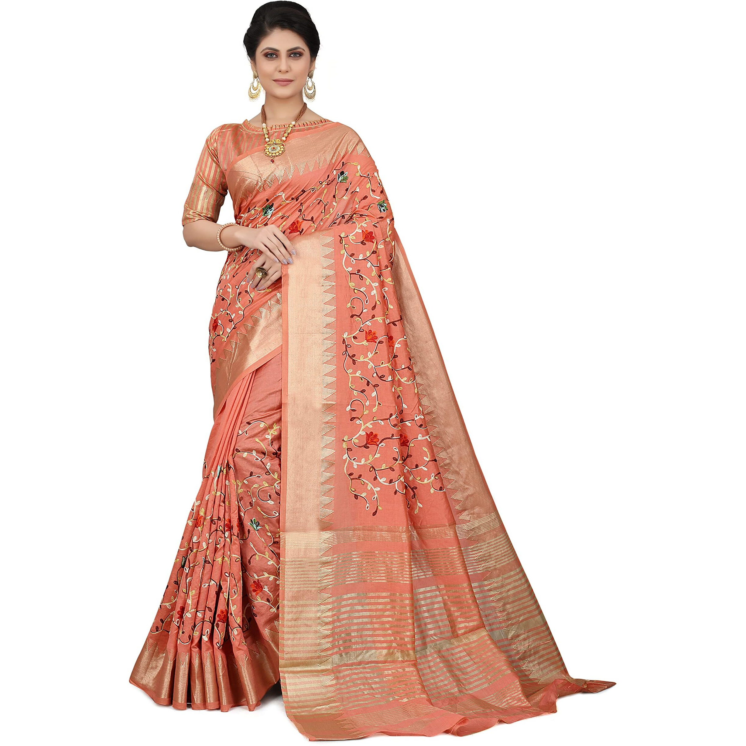 SERONA FABRICS Womens Assam Cotton Silk With Golden Border Thread Embroidered Banarasi Saree With Blouse Piece