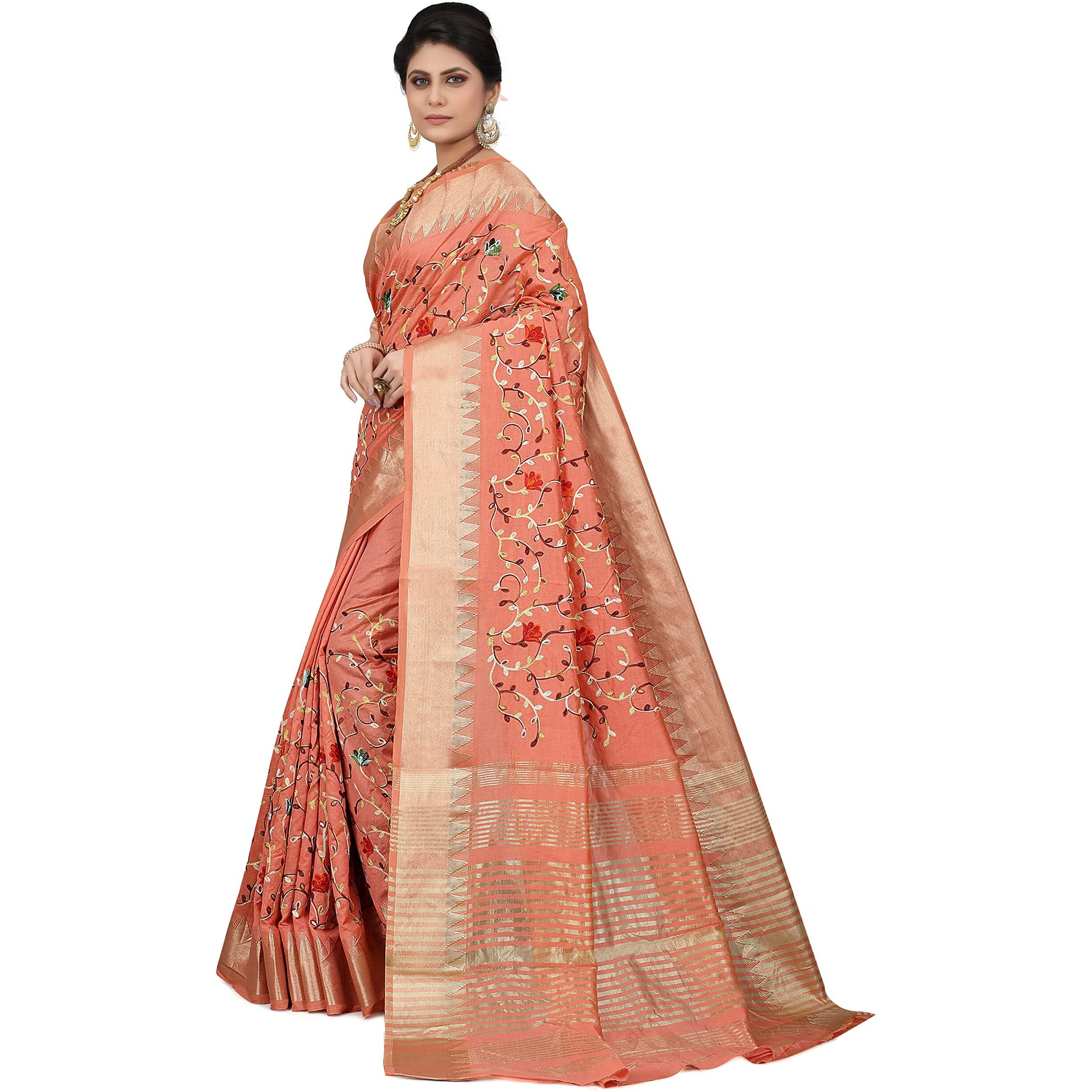 SERONA FABRICS Womens Assam Cotton Silk With Golden Border Thread Embroidered Banarasi Saree With Blouse Piece