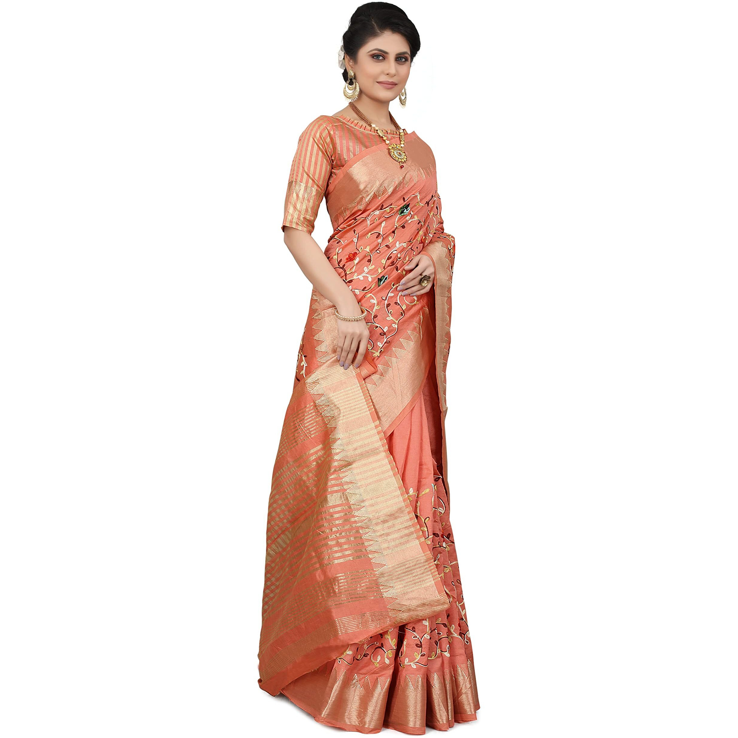 SERONA FABRICS Womens Assam Cotton Silk With Golden Border Thread Embroidered Banarasi Saree With Blouse Piece
