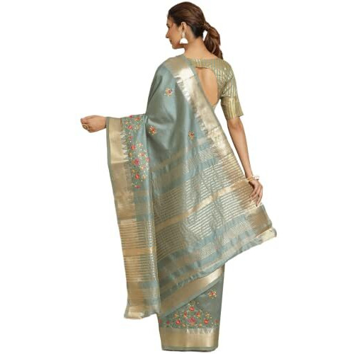 arriva fab Womens Kasavu Cotton Blend Saree With Blouse Piece (Riva1703__ Light Blue)