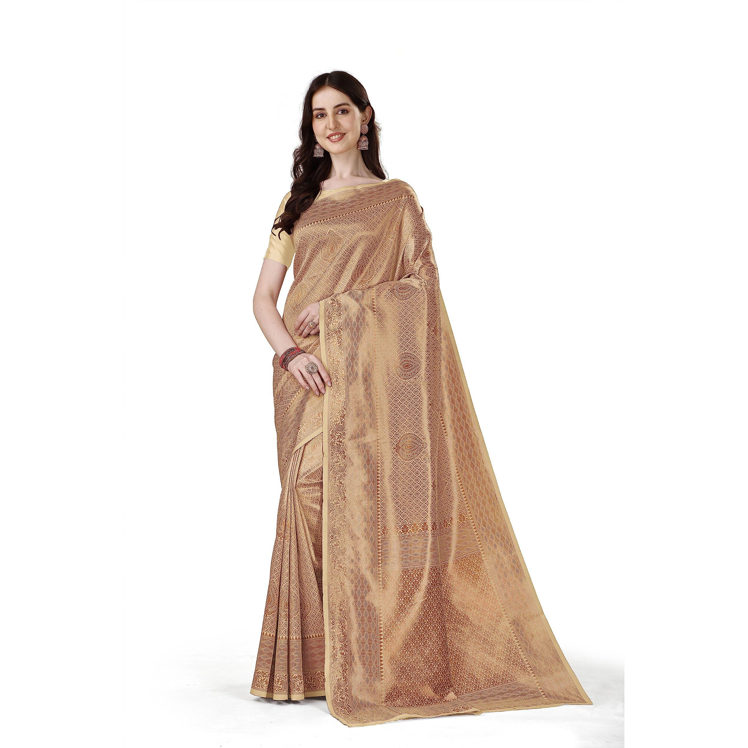Jaanvi fashion Womens Banarasi Silk Saree with Copper Zari Work & Blouse Piece (ekaya-beige)