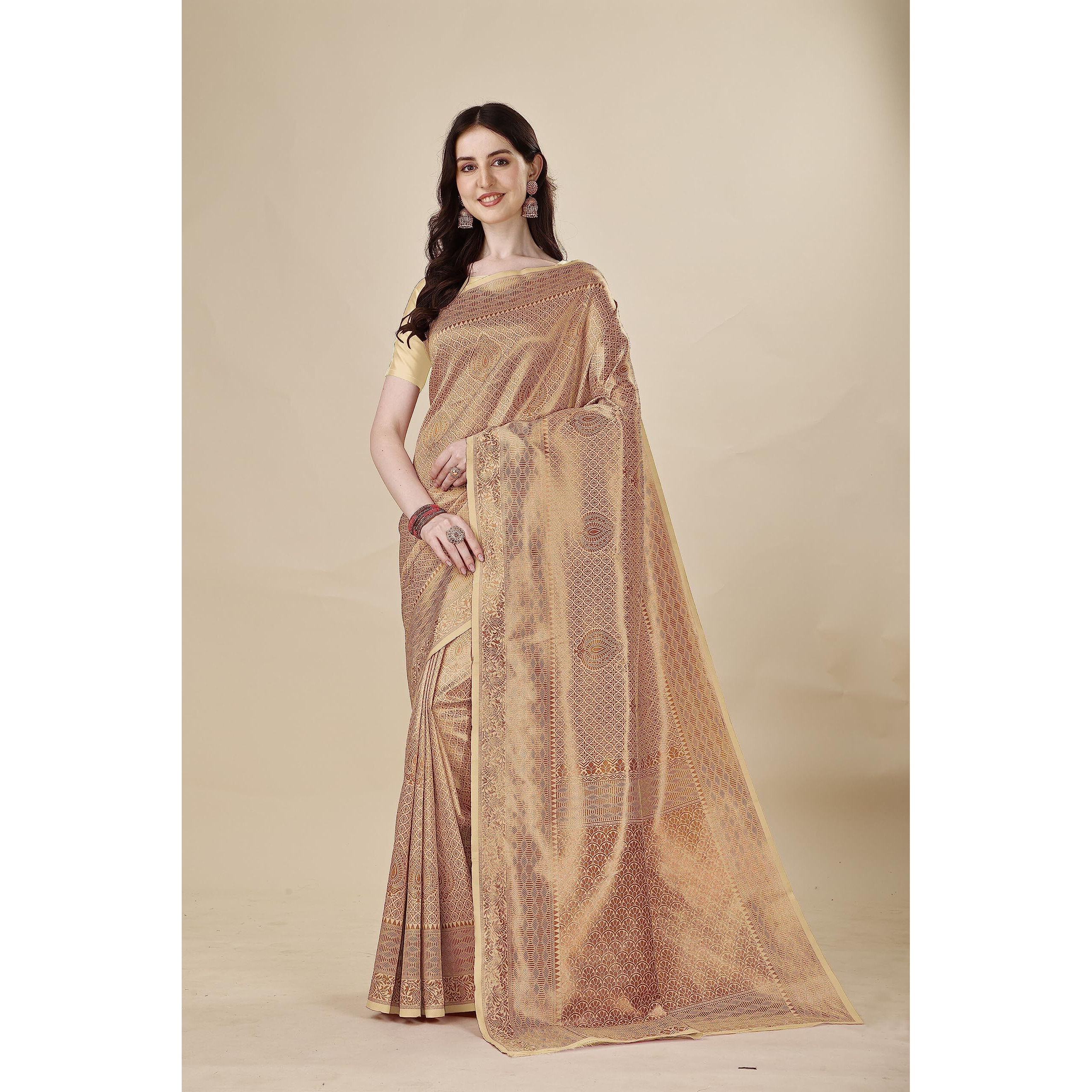 Jaanvi fashion Womens Banarasi Silk Saree with Copper Zari Work & Blouse Piece (ekaya-beige)