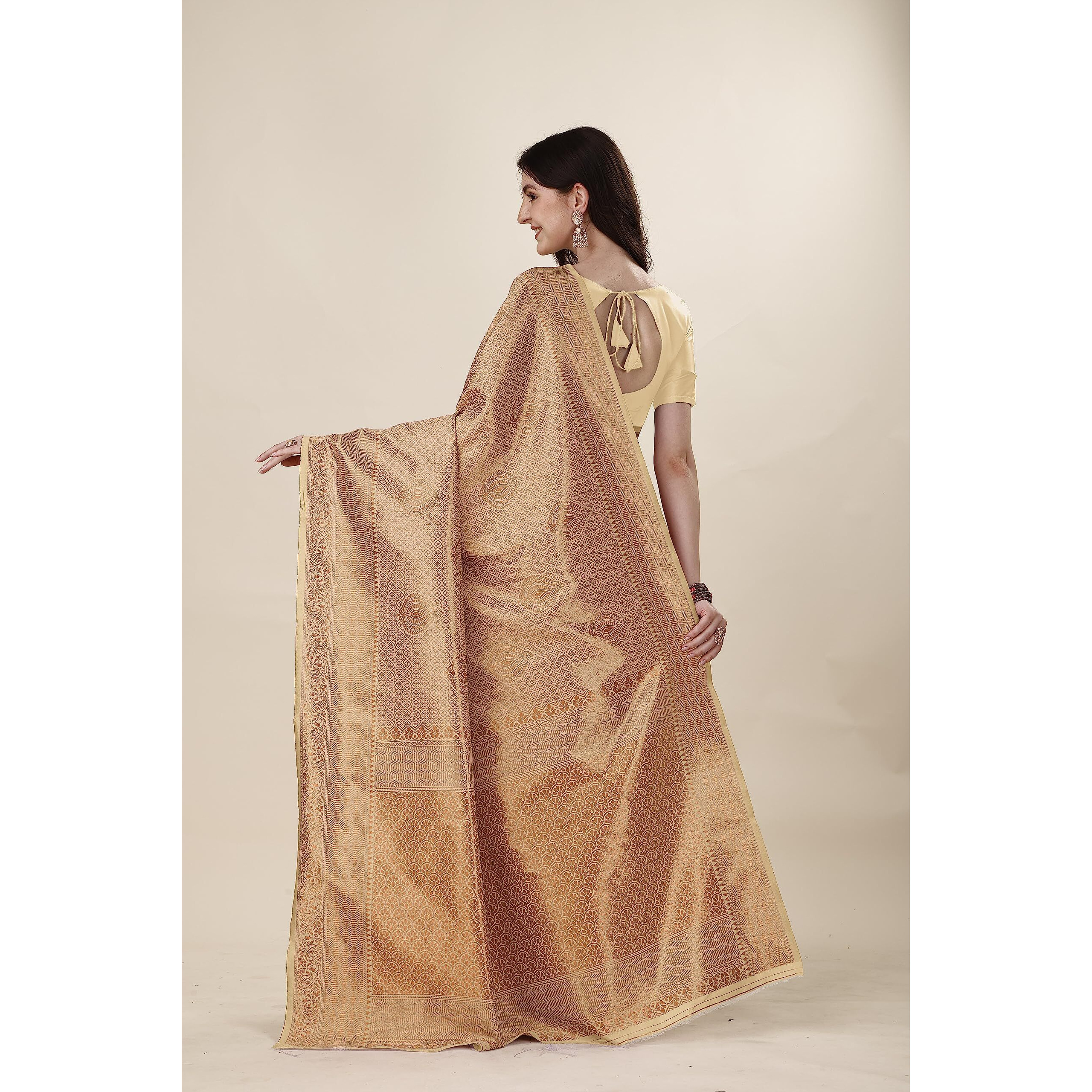 Jaanvi fashion Womens Banarasi Silk Saree with Copper Zari Work & Blouse Piece (ekaya-beige)