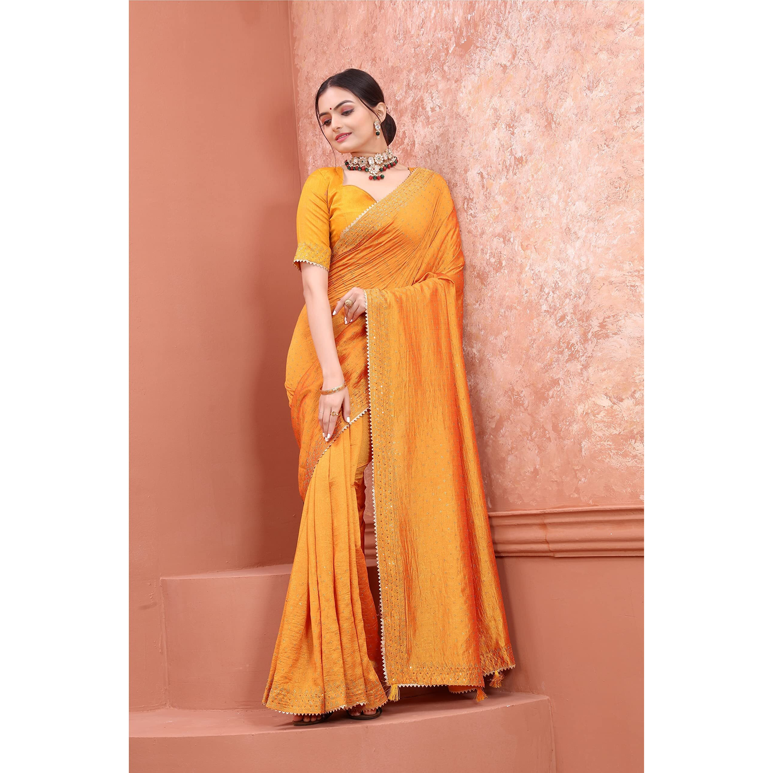 SWADESI STUFF Vichitra Silk Saree with Banglory Silk Blouse & Stunning Crystal Fix Embellishments - LATEST Wear for Women (Yellow)