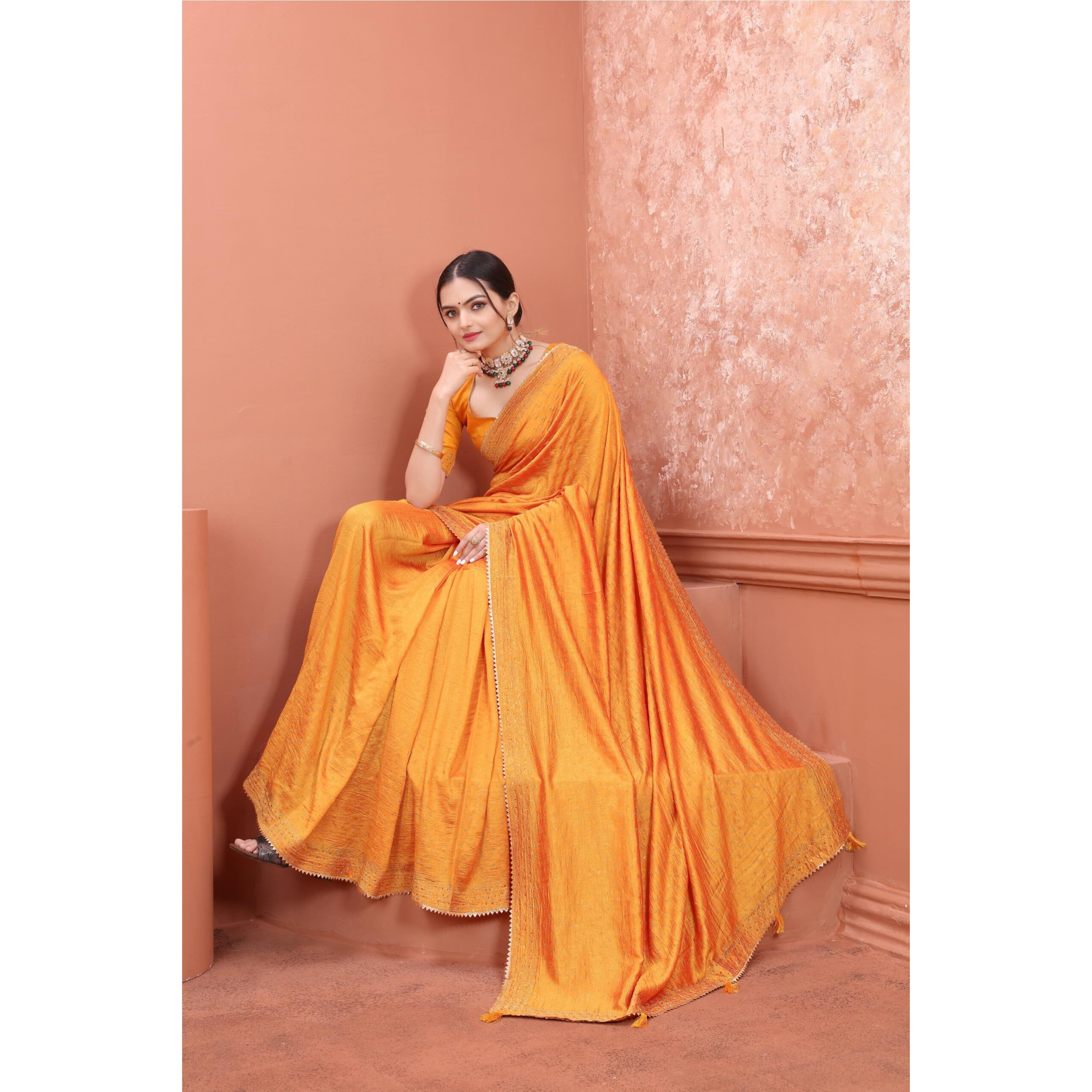 SWADESI STUFF Vichitra Silk Saree with Banglory Silk Blouse & Stunning Crystal Fix Embellishments - LATEST Wear for Women (Yellow)