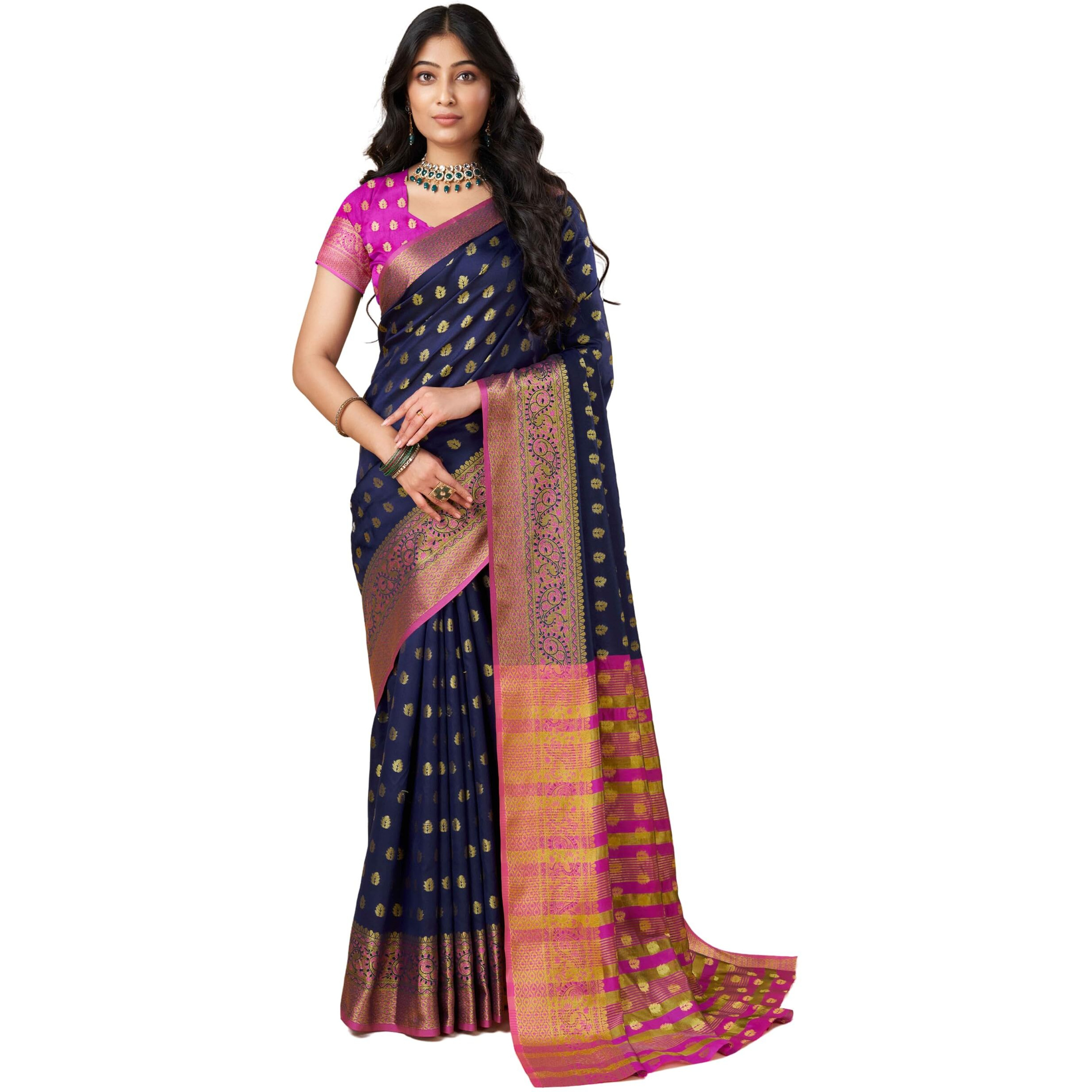 Sugathari Womens Banarasi Saree Pure Kanjivaram Silk Saree Soft new ladies 2023 Design Wear Pattu Sarees Latest Party Sari collections With Blouse Piece for Wedding sadi (SAM PARI S-6 NAVY BLUE)
