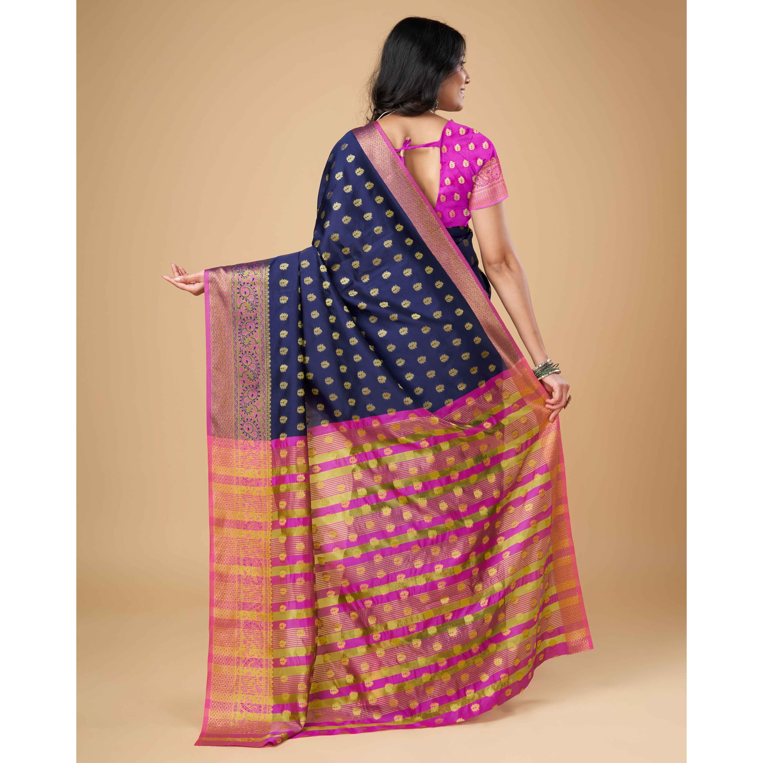 Sugathari Womens Banarasi Saree Pure Kanjivaram Silk Saree Soft new ladies 2023 Design Wear Pattu Sarees Latest Party Sari collections With Blouse Piece for Wedding sadi (SAM PARI S-6 NAVY BLUE)