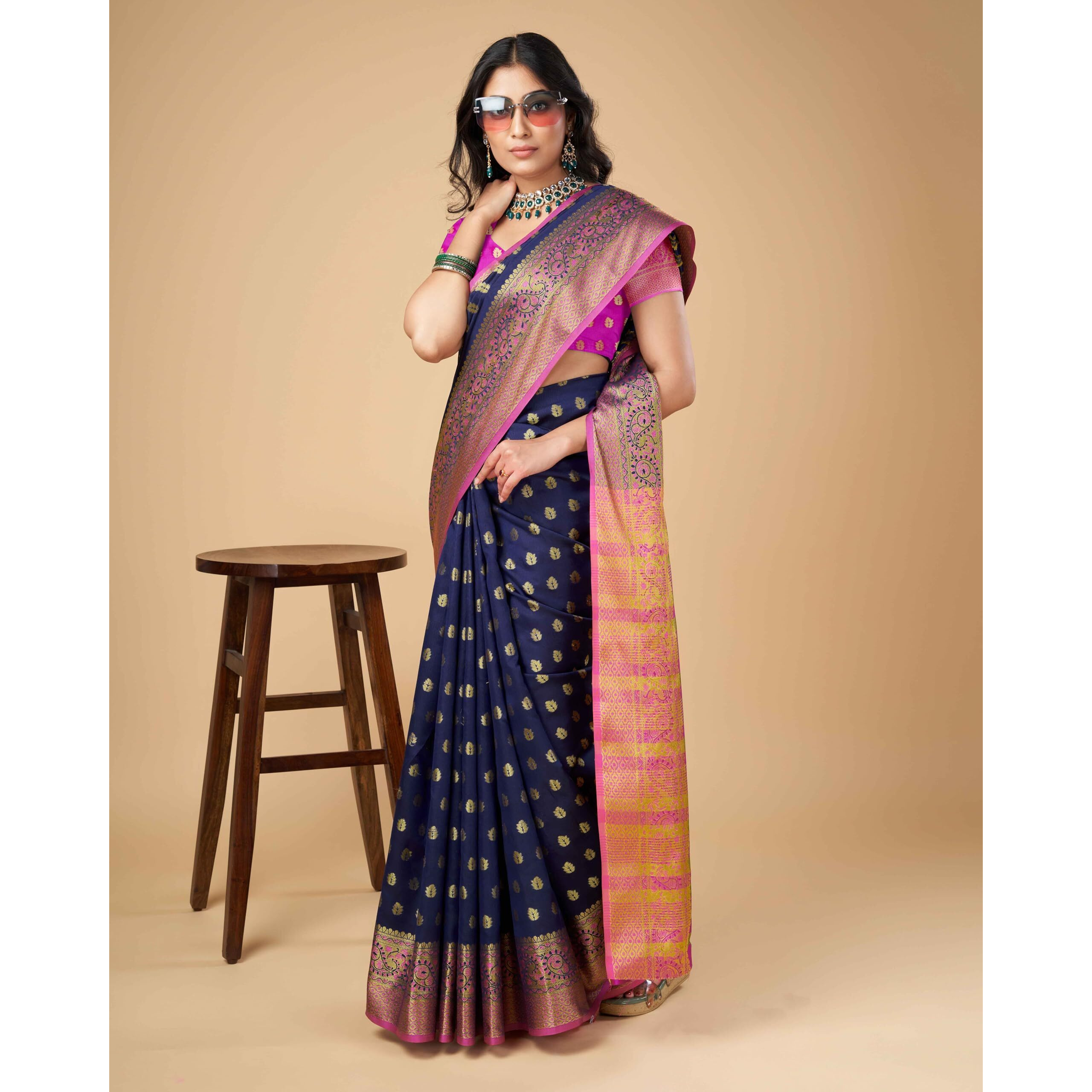Sugathari Womens Banarasi Saree Pure Kanjivaram Silk Saree Soft new ladies 2023 Design Wear Pattu Sarees Latest Party Sari collections With Blouse Piece for Wedding sadi (SAM PARI S-6 NAVY BLUE)