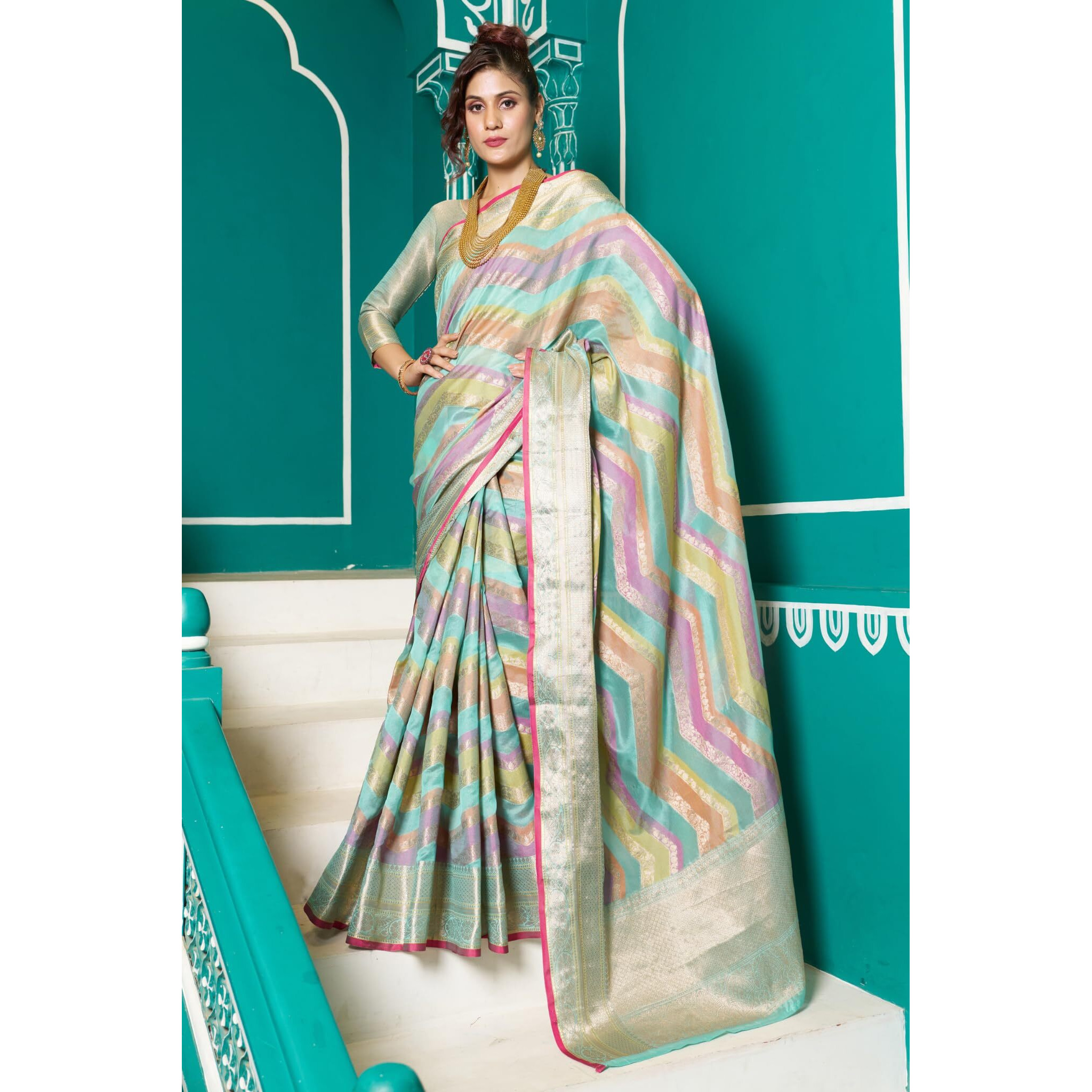 SGF11 Womens Organza Kanjivaram Pure Soft Silk Handloom Saree Pure Golden Zari With Blouse Piece (Baby Blue)