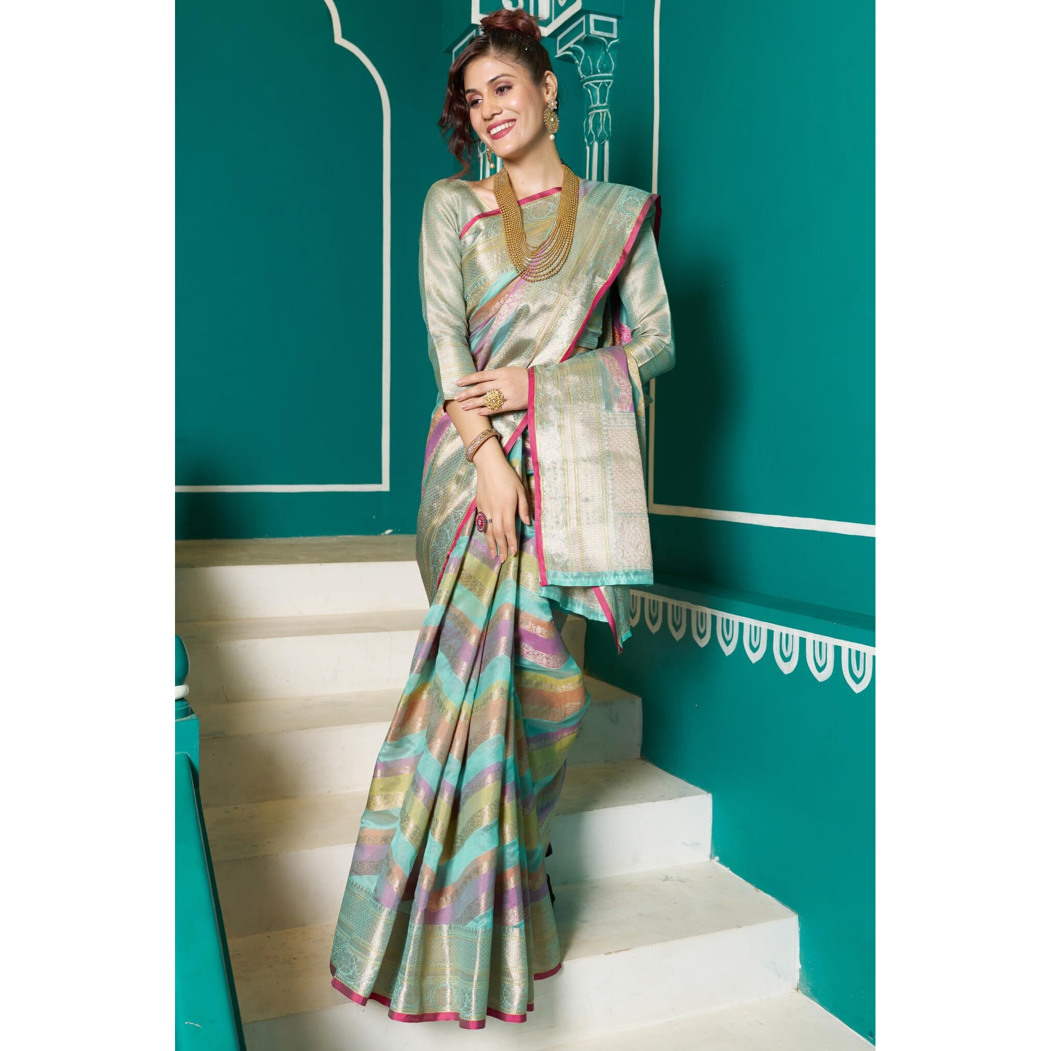 SGF11 Womens Organza Kanjivaram Pure Soft Silk Handloom Saree Pure Golden Zari With Blouse Piece (Baby Blue)