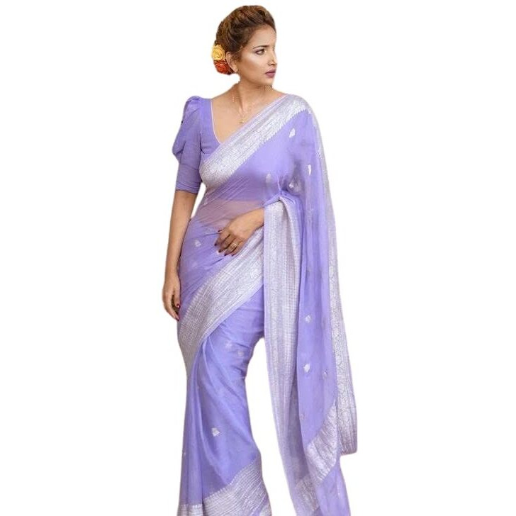 C J Enterprise Womens Banarasi Pure Kanjivaram Silk Saree Cotton Spun Saree for Wedding Soft Design Wear Pattu Sarees Latest Sari With Blouse Piece sadi new ladies Party 2024 (Fatima) (Lavender)