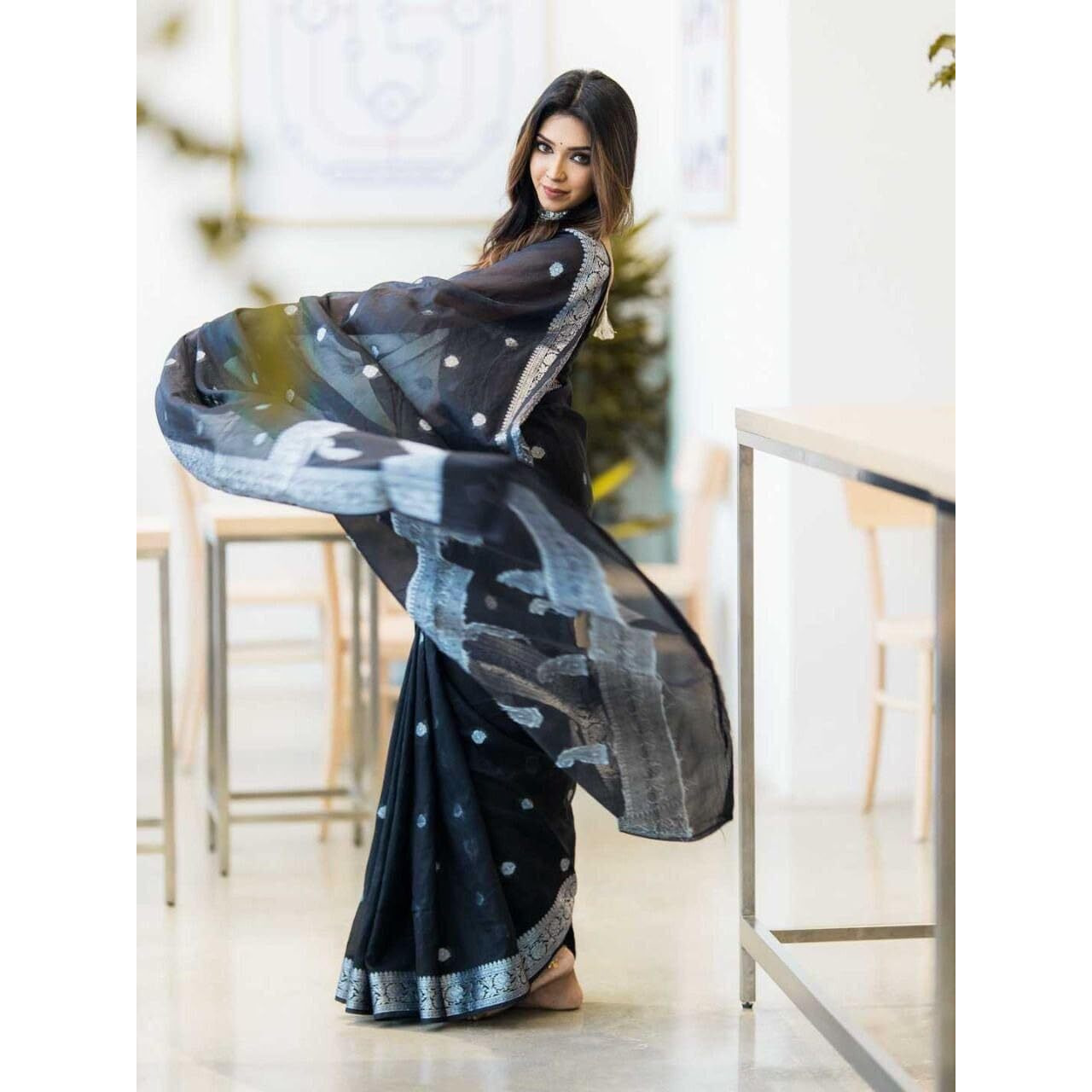 C J Enterprise Womens Banarasi Pure Kanjivaram Silk Saree Cotton Spun Saree for Wedding Soft Design Wear Pattu Sarees Latest Sari With Blouse Piece sadi new ladies Party 2024 (Fatima) (Black)