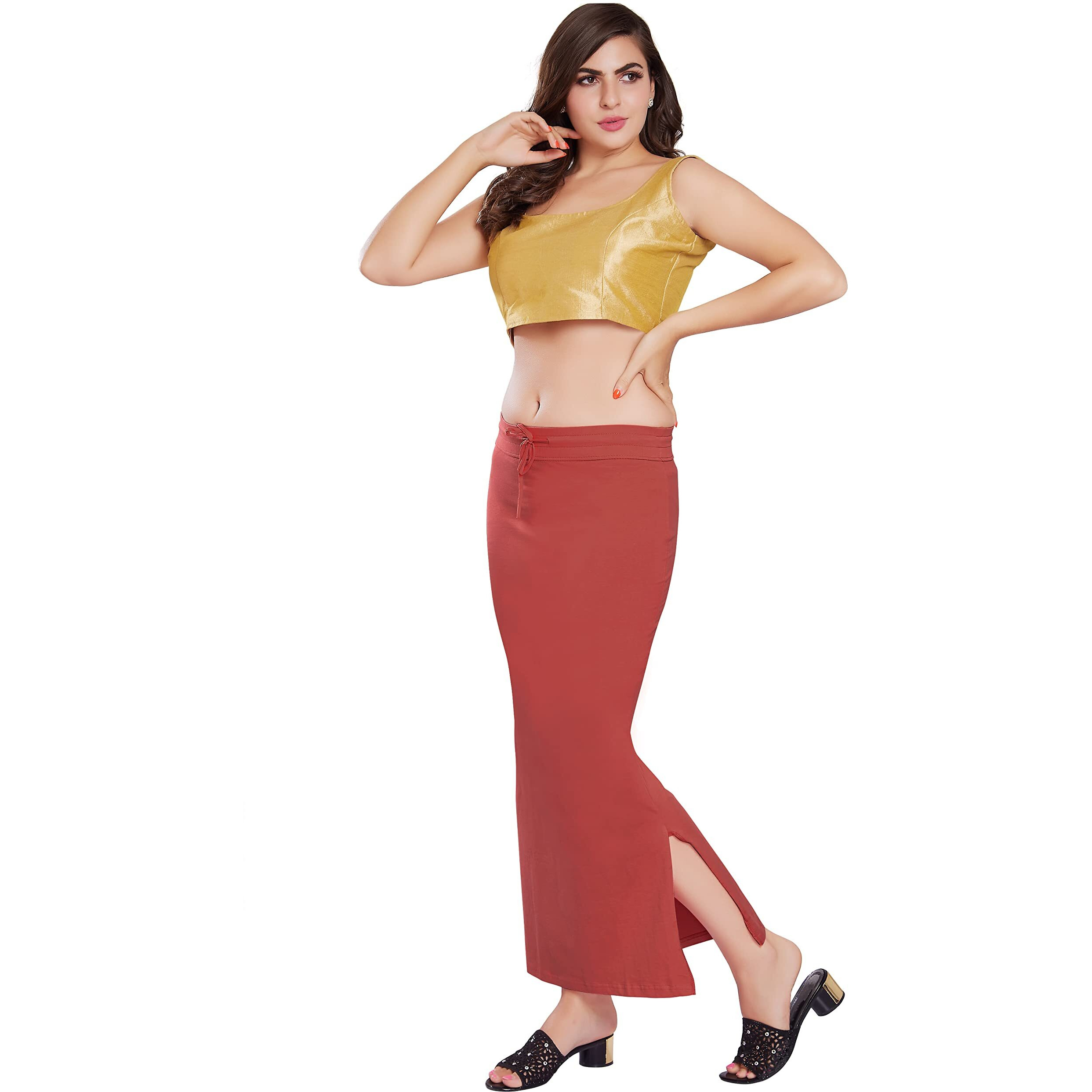 RANI SAAHIBA Womens Stretchy Slim Fishcut Petticoat Cotton Saree Shapewear(SHP67_S/M_Coral)