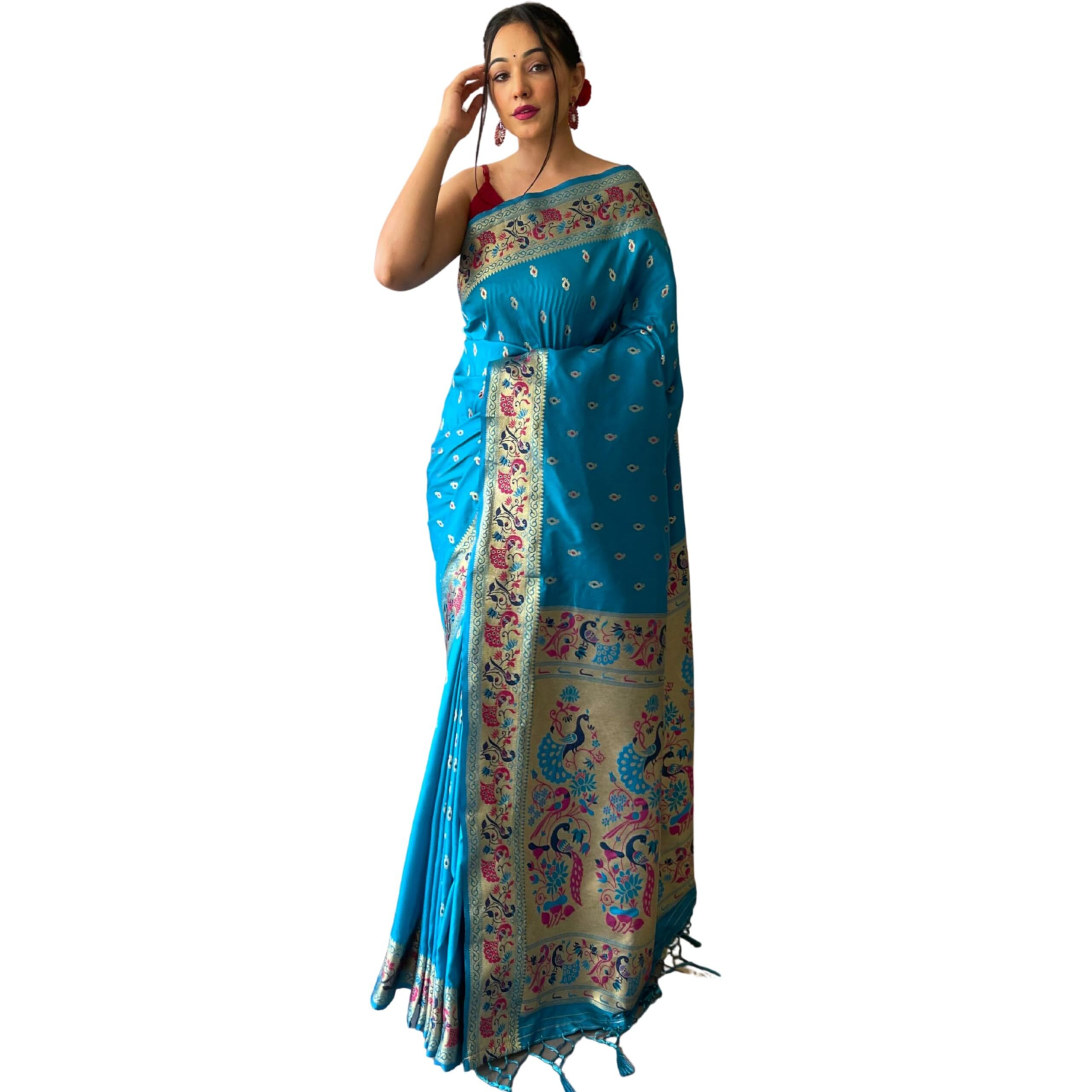 SGF11 Womens Paithani Soft Lichi Silk Kanjivaram Sarees With Blouse Piece (Sky Blue)
