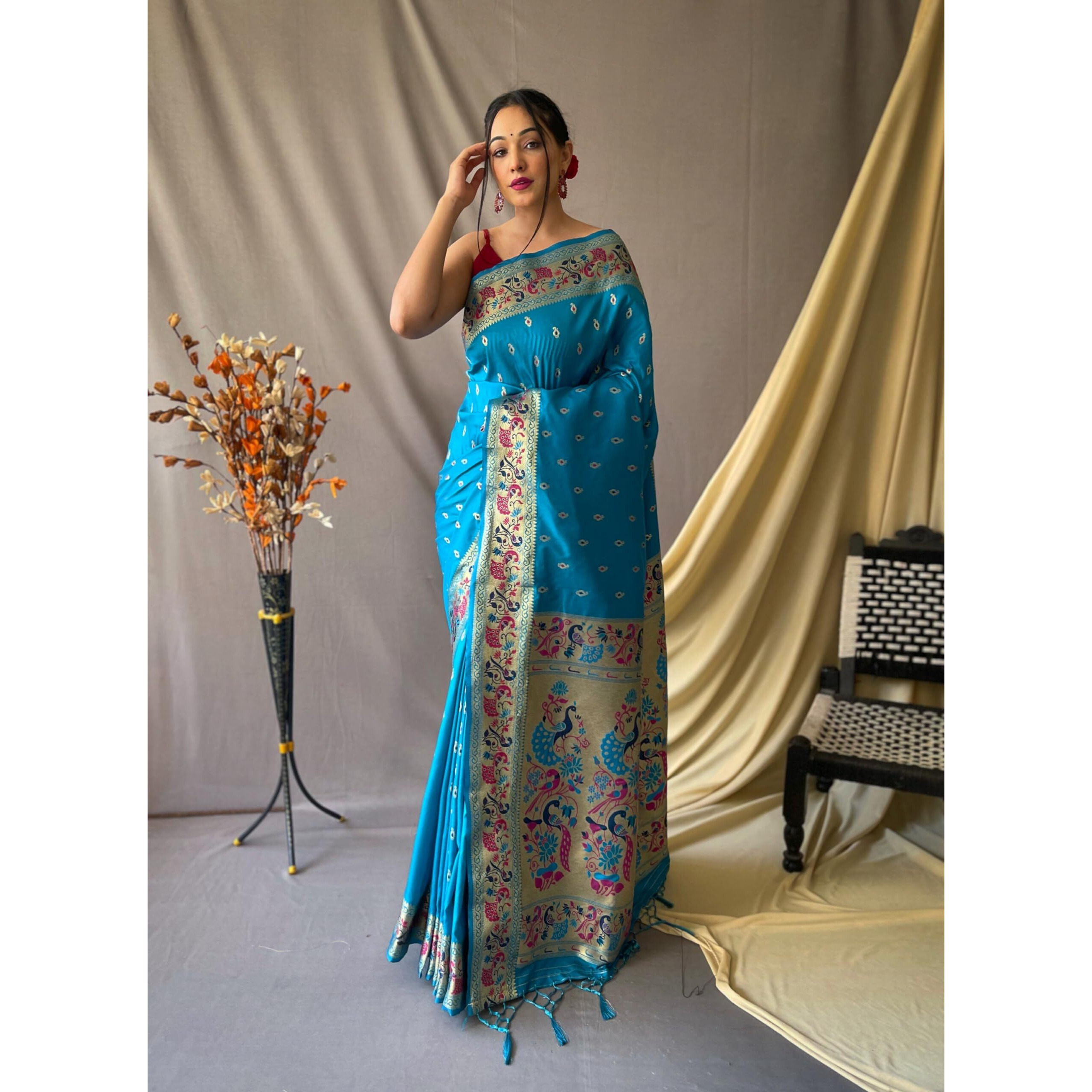 SGF11 Womens Paithani Soft Lichi Silk Kanjivaram Sarees With Blouse Piece (Sky Blue)