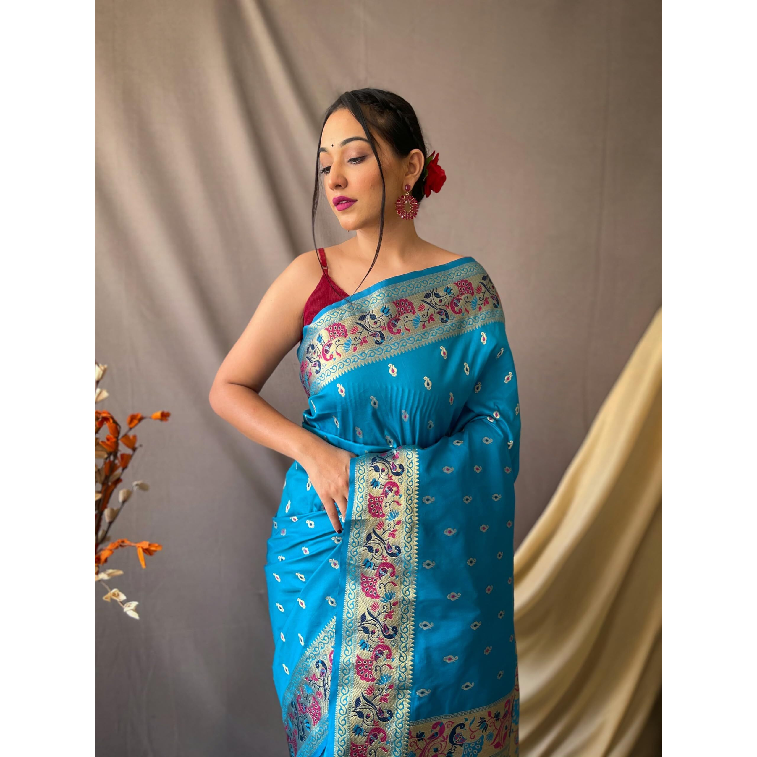 SGF11 Womens Paithani Soft Lichi Silk Kanjivaram Sarees With Blouse Piece (Sky Blue)
