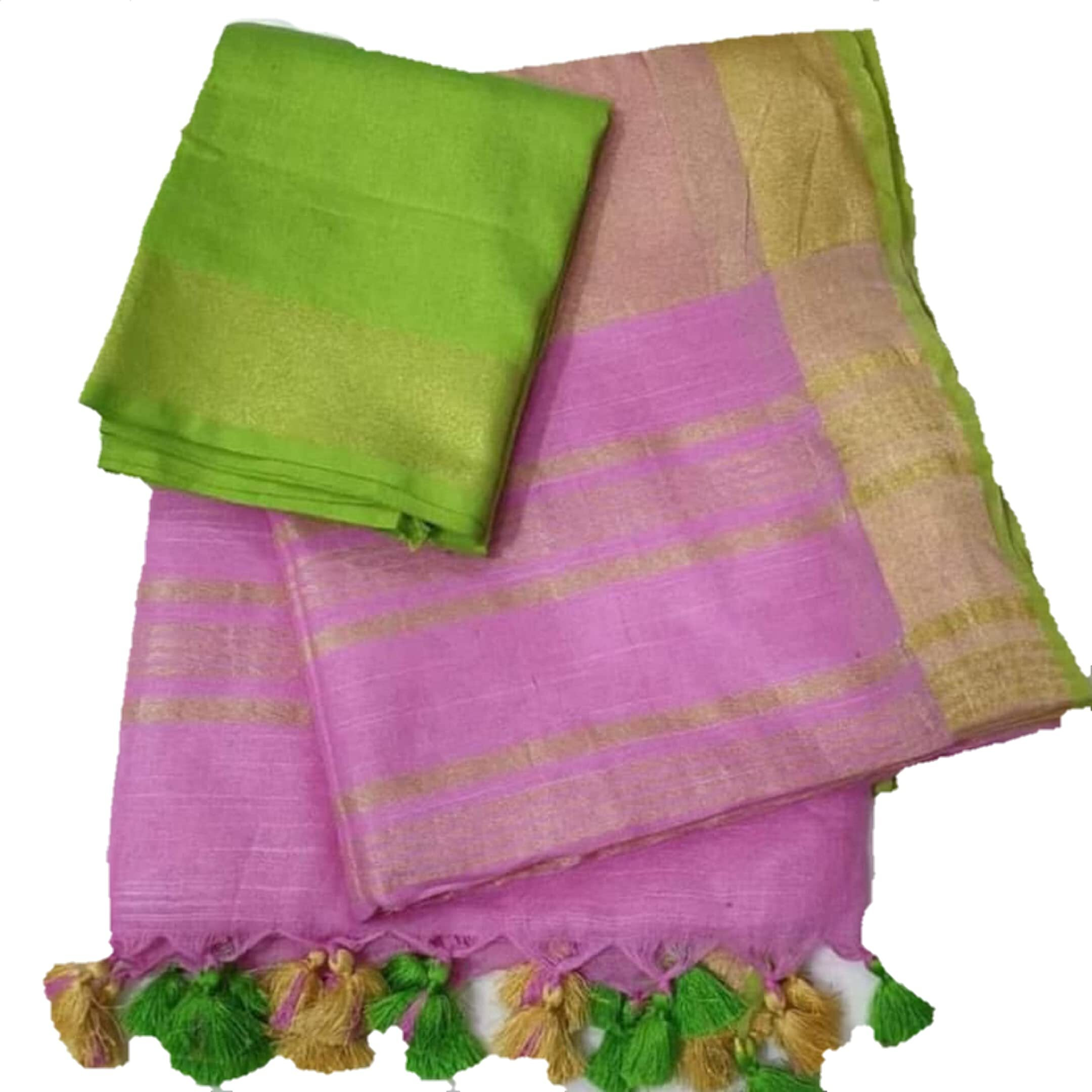 HAIDER ALI AND SONS Pure Linen Ethnic Wear Saree For Womens (With Blouse)_01 (PINK)