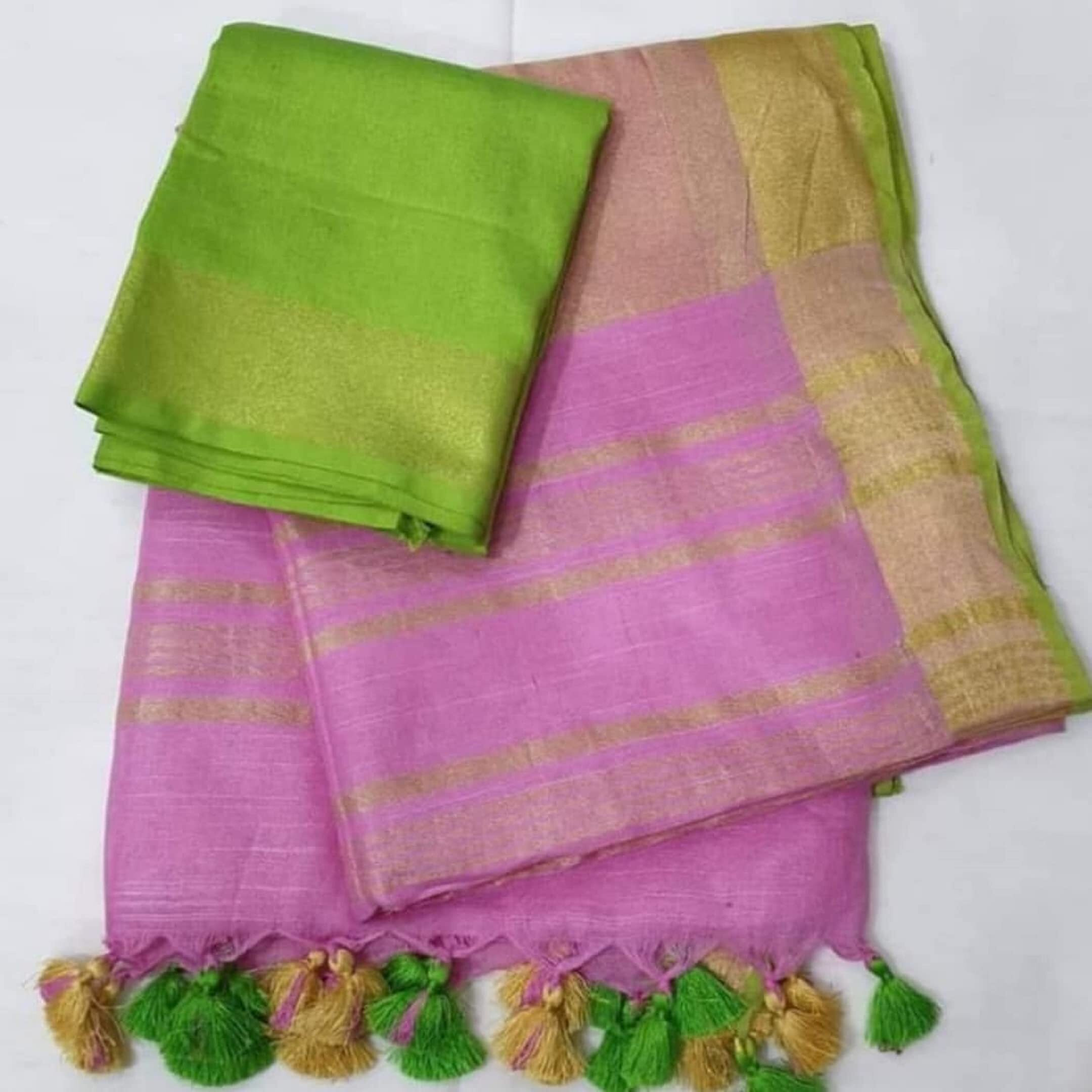 HAIDER ALI AND SONS Pure Linen Ethnic Wear Saree For Womens (With Blouse)_01 (PINK)