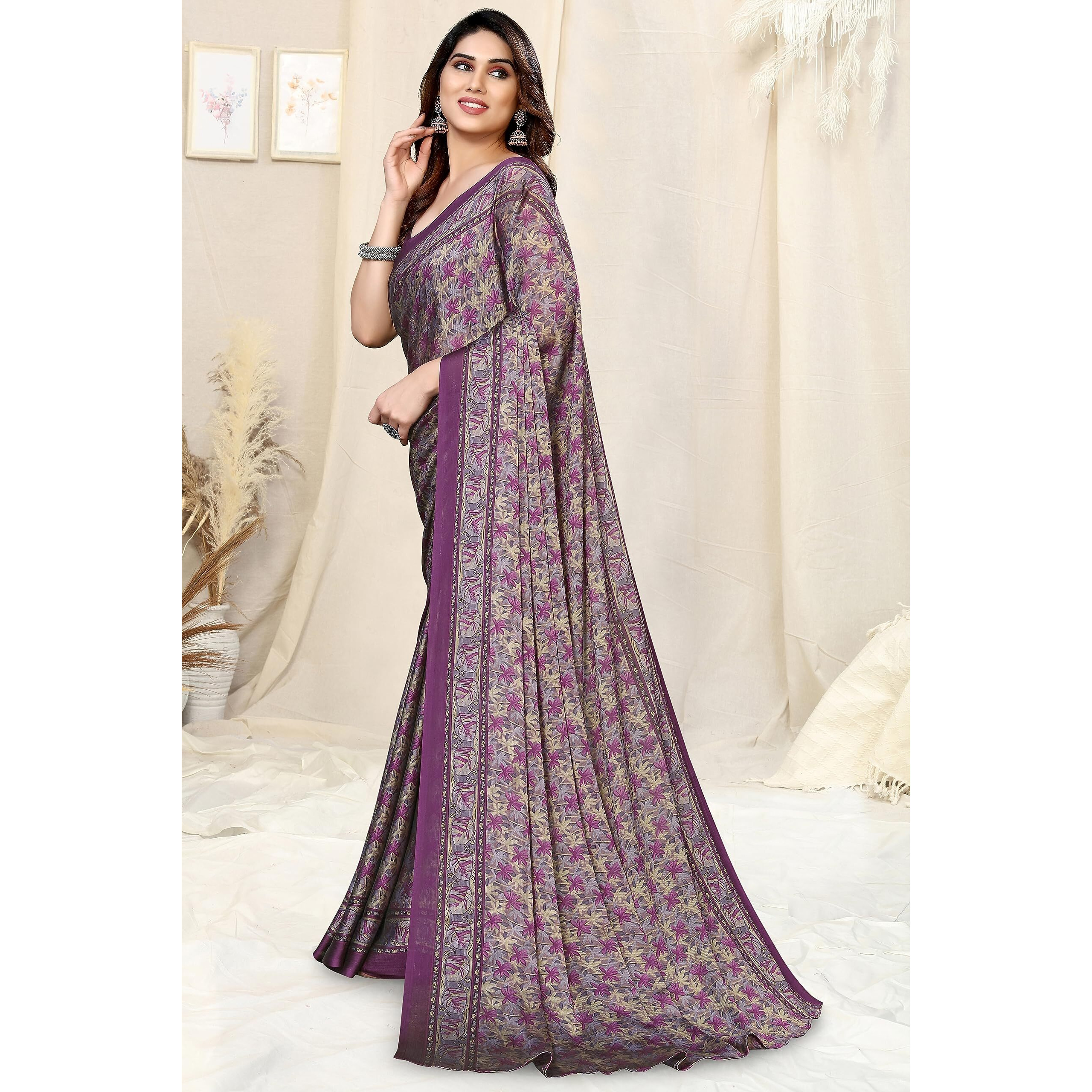 MIRCHI FASHION Womens Plain Weave Chiffon Floral Printed Saree with Blouse Piece (39264-Purple, Cream)