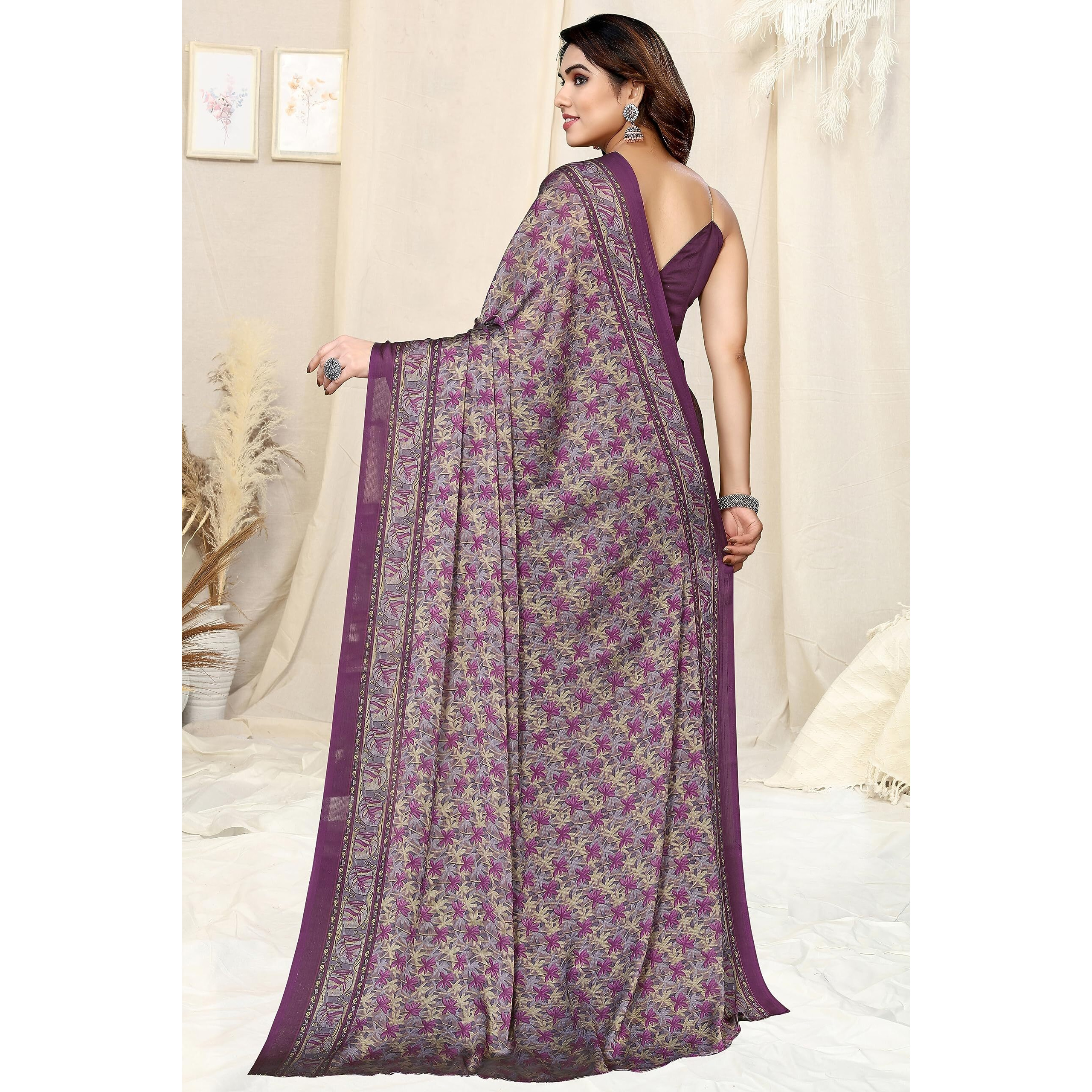 MIRCHI FASHION Womens Plain Weave Chiffon Floral Printed Saree with Blouse Piece (39264-Purple, Cream)