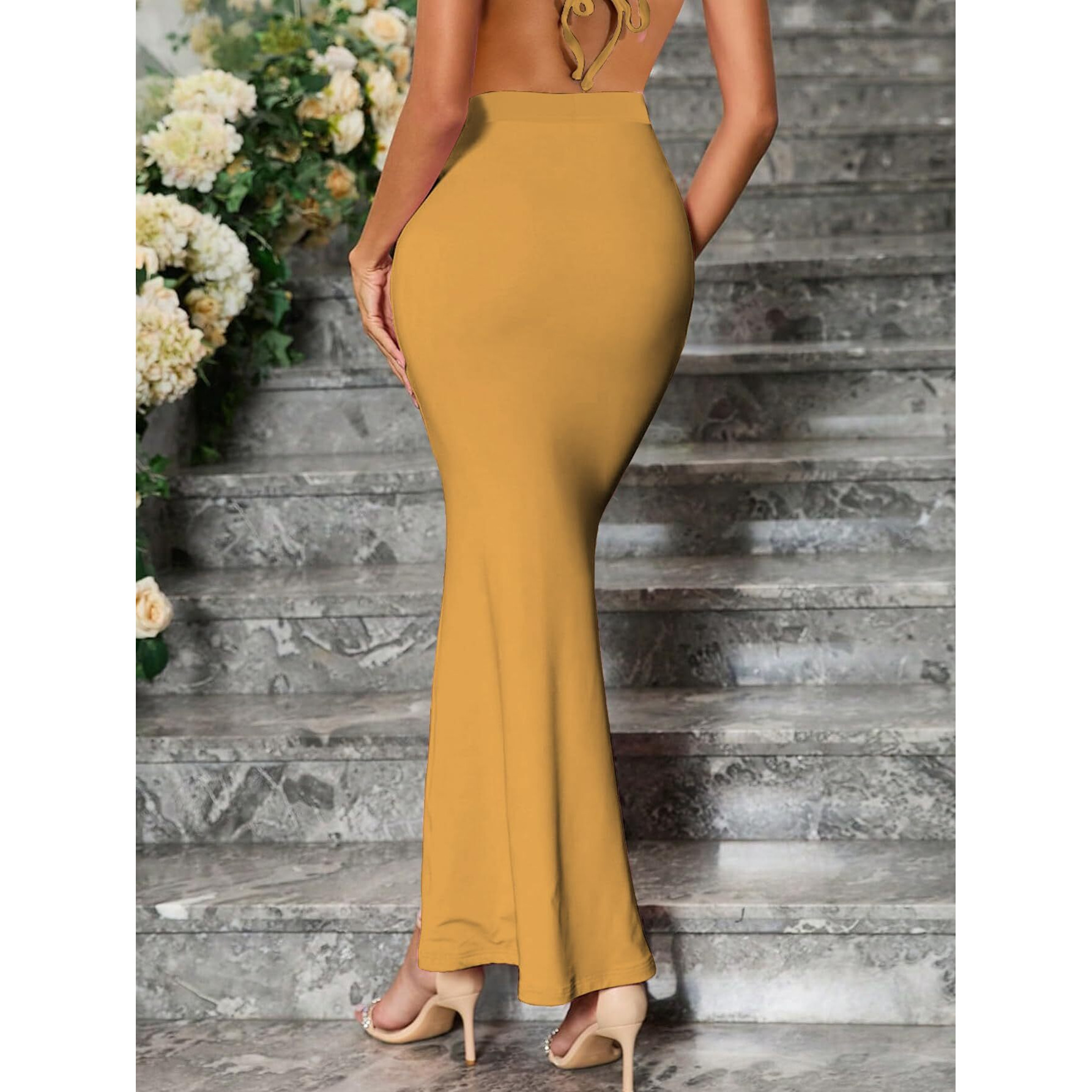 Sugathari Traditional Mustard Micro Fiber Solid Saree Shapewear for Women (SW FISHCUT Mustard XL)