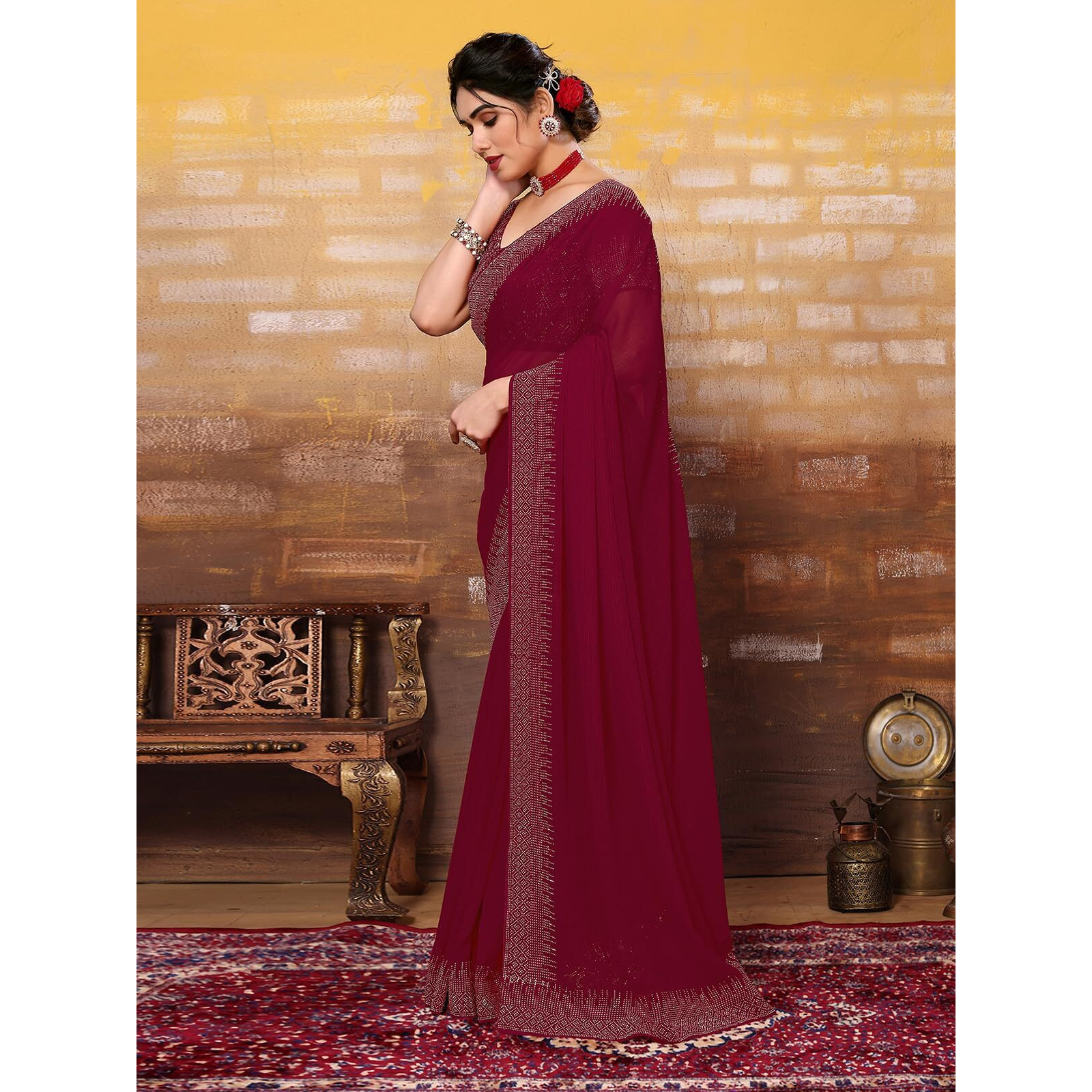 SIRIL Womens Hot Fixing Georgette Saree with Unstitched Blouse Piece (3320S155_Maroon)