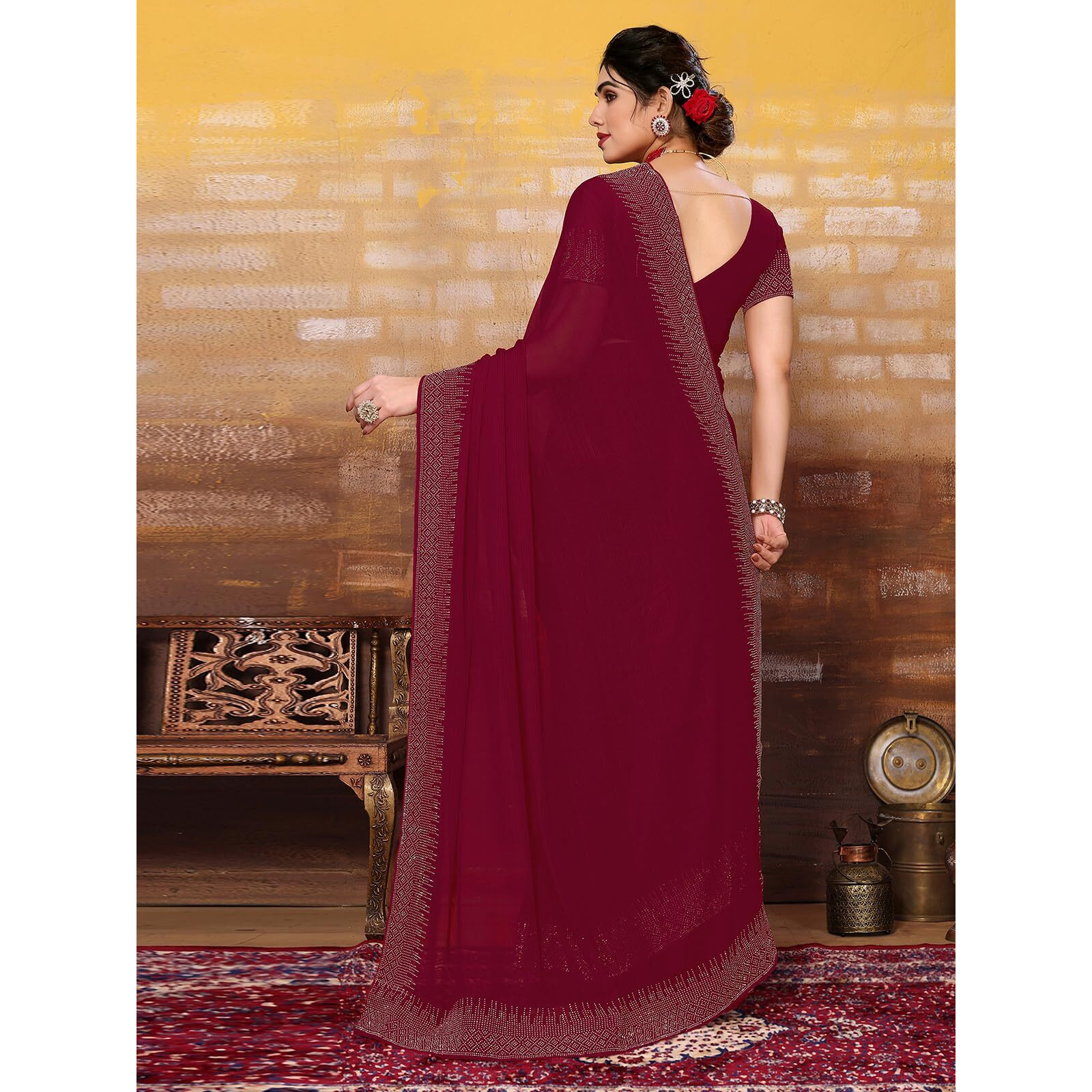 SIRIL Womens Hot Fixing Georgette Saree with Unstitched Blouse Piece (3320S155_Maroon)