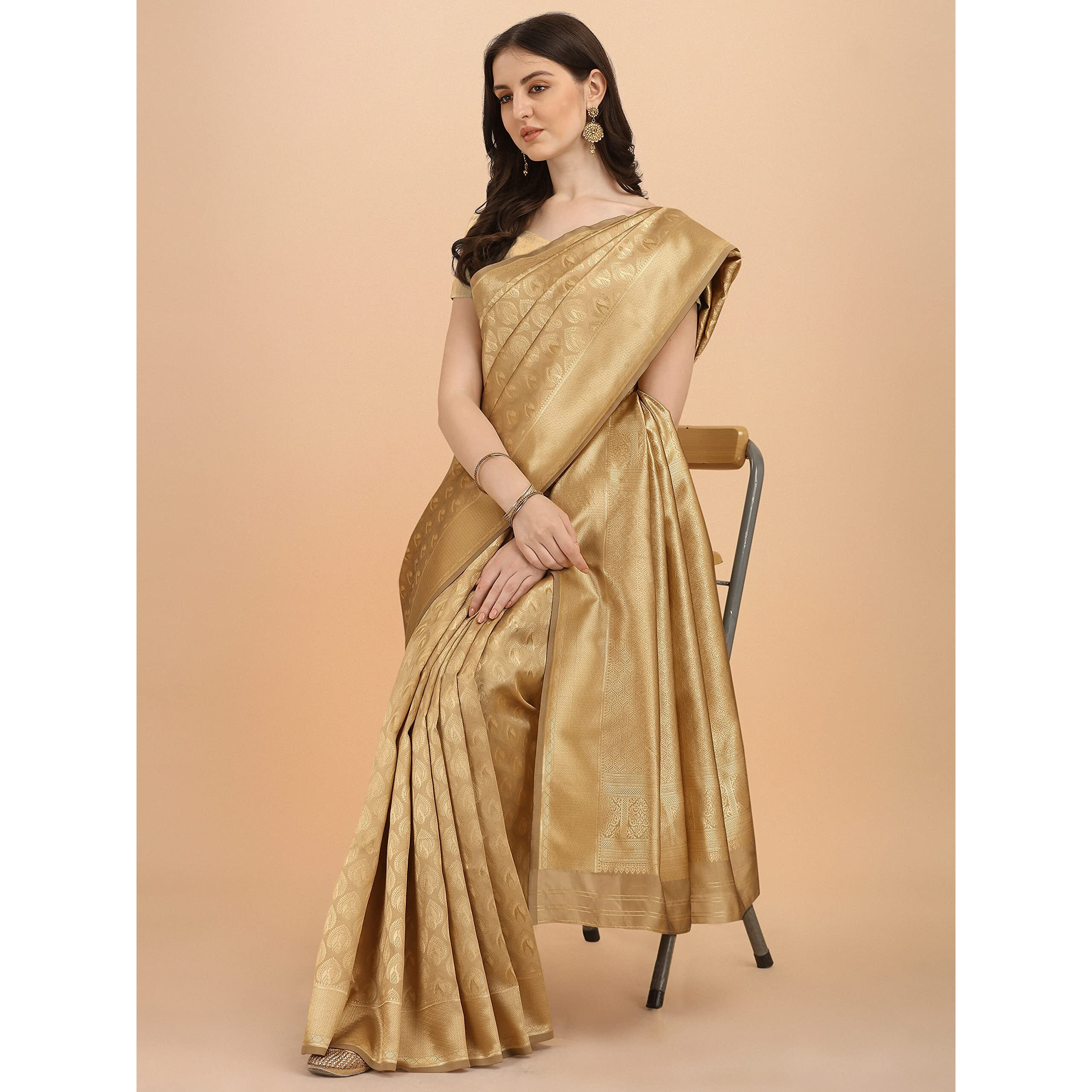 Jaanvi fashion Womens Banarsi Silk With Zari Jacquard Work Saree With Blouse Piece (prashanti-dark-gold)
