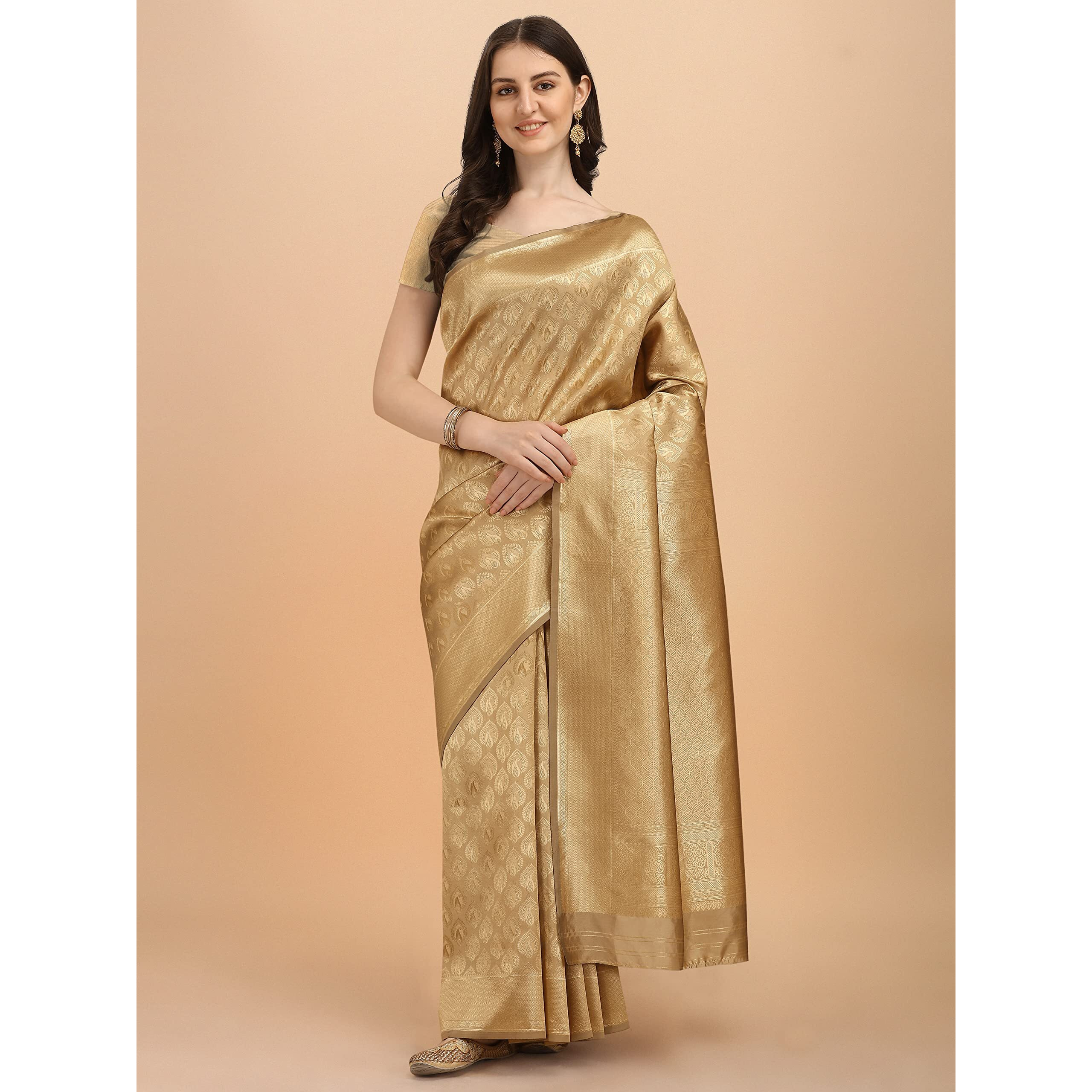 Jaanvi fashion Womens Banarsi Silk With Zari Jacquard Work Saree With Blouse Piece (prashanti-dark-gold)