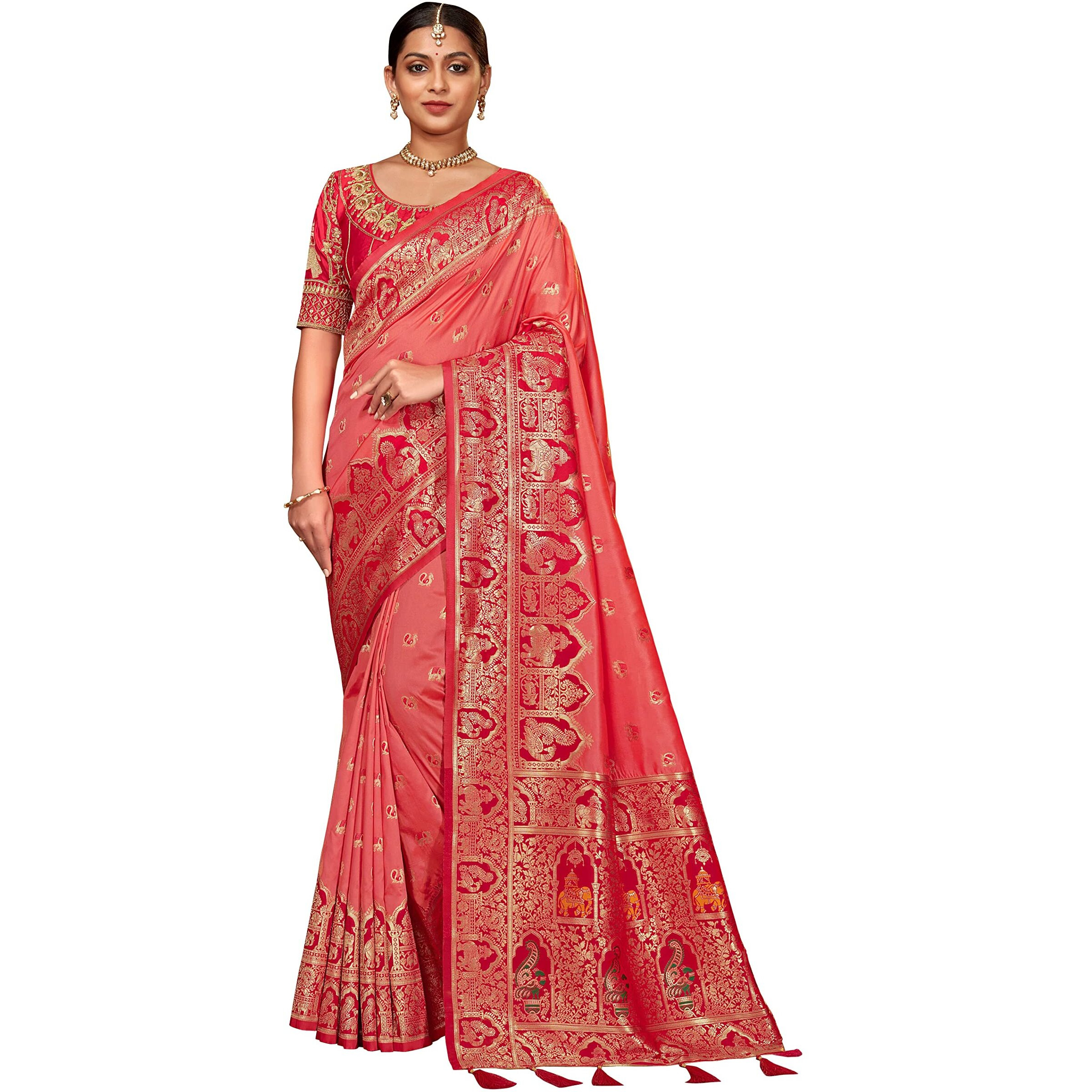 MANOHARI Womens Pink Banarasi Silk Woven Saree with Unstitch Blouse Piece_MN1378