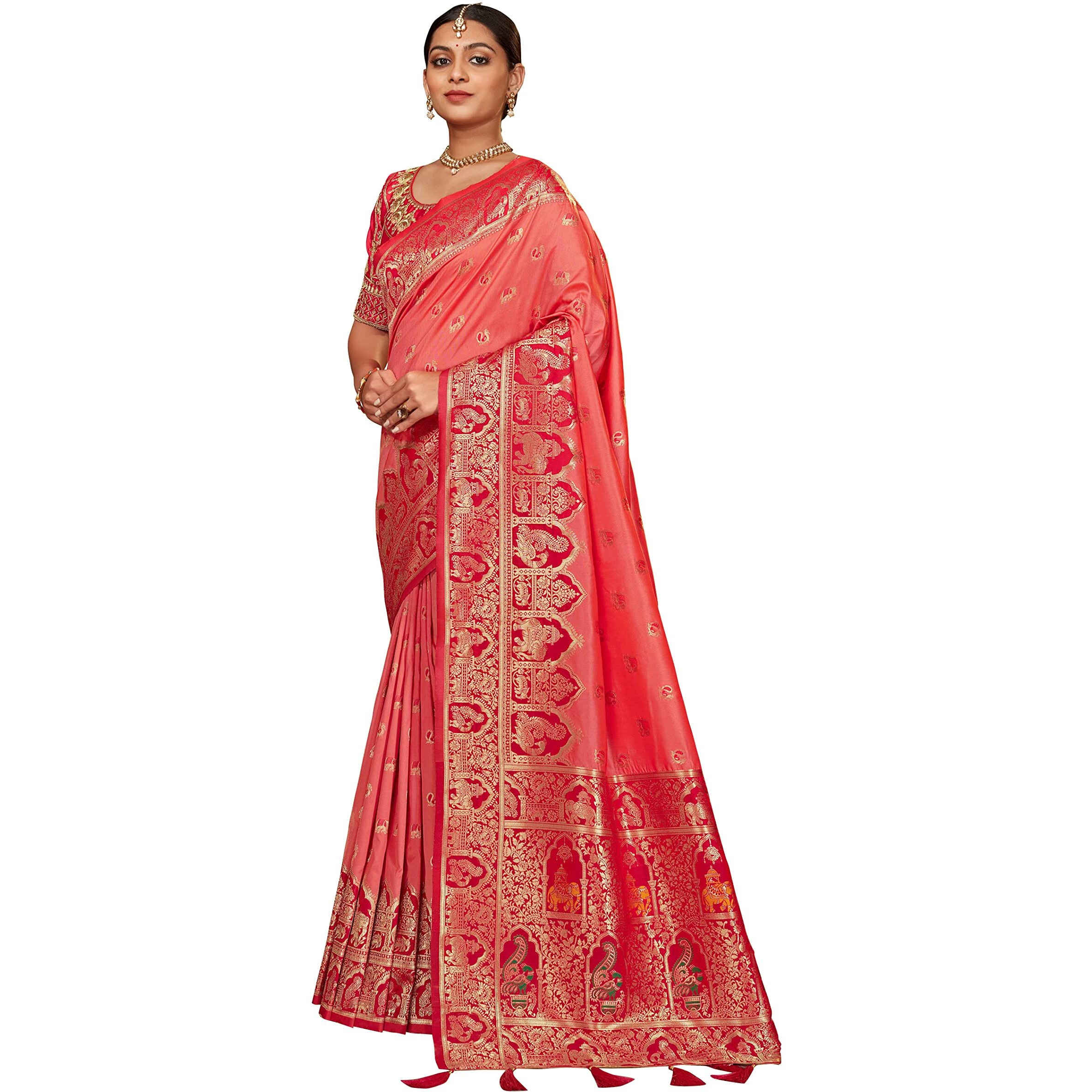 MANOHARI Womens Pink Banarasi Silk Woven Saree with Unstitch Blouse Piece_MN1378