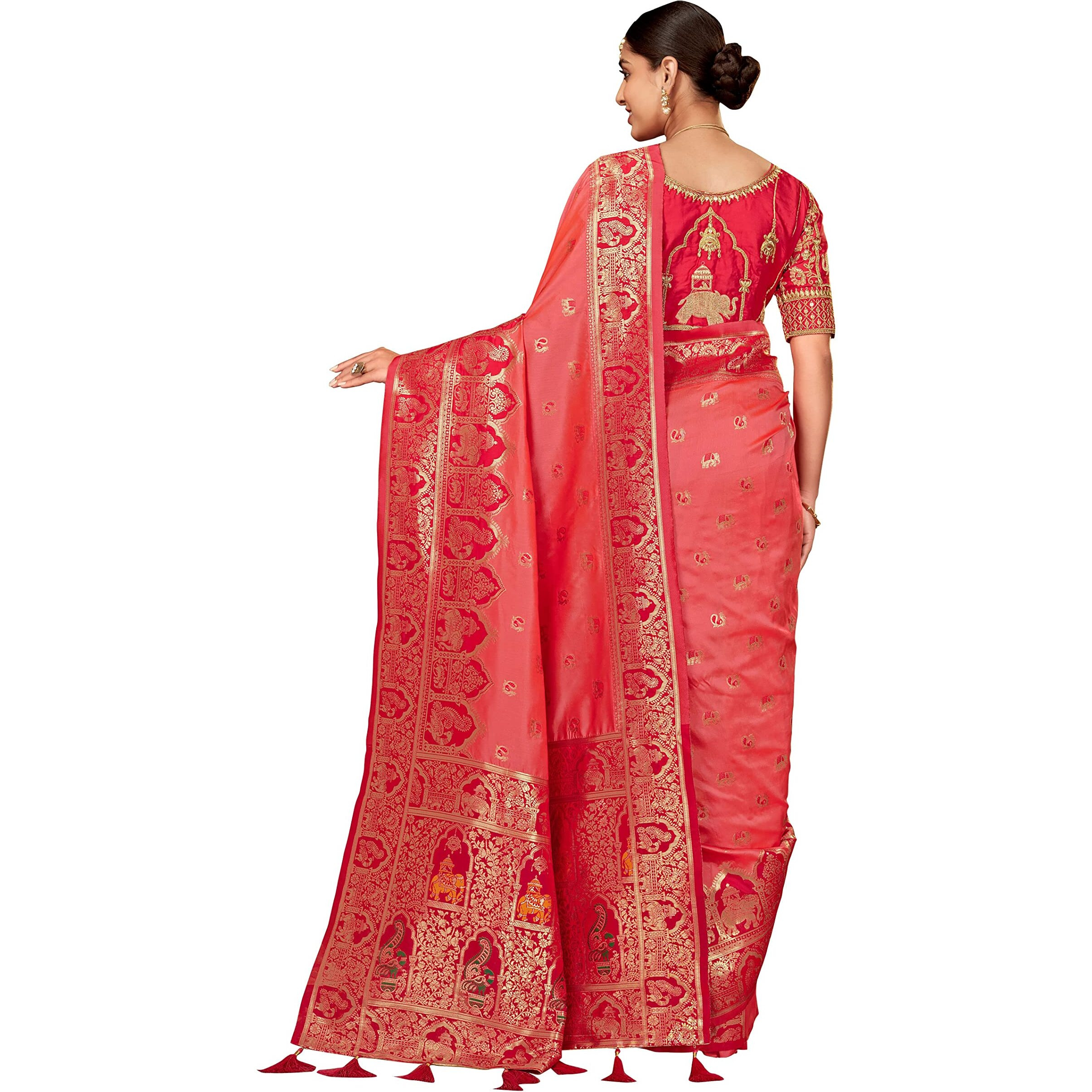 MANOHARI Womens Pink Banarasi Silk Woven Saree with Unstitch Blouse Piece_MN1378