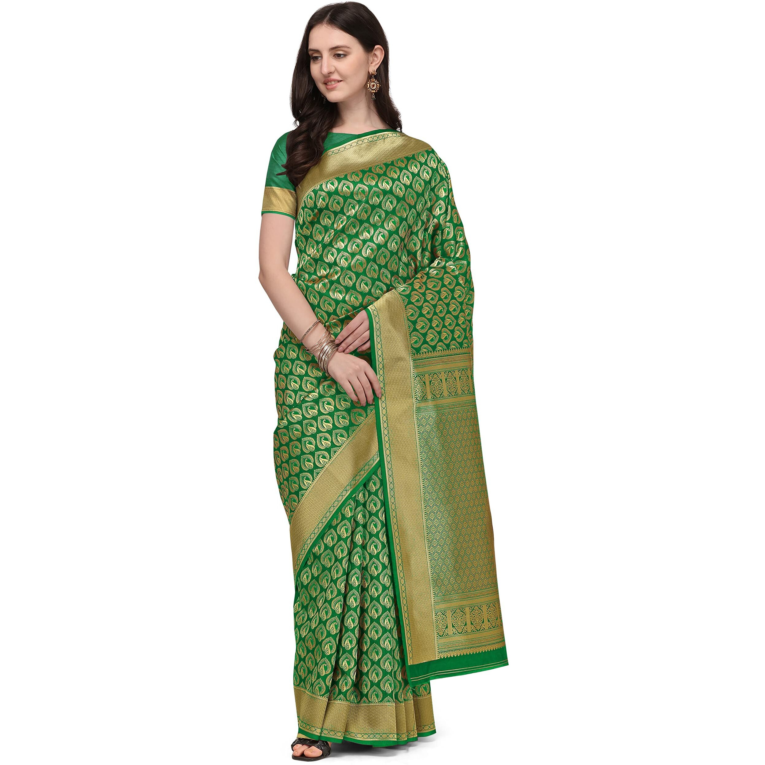 Jaanvi fashion Womens Banarasi Silk With Zari Jacquard Work Saree With Blouse Piece (prashanti-dark-green)