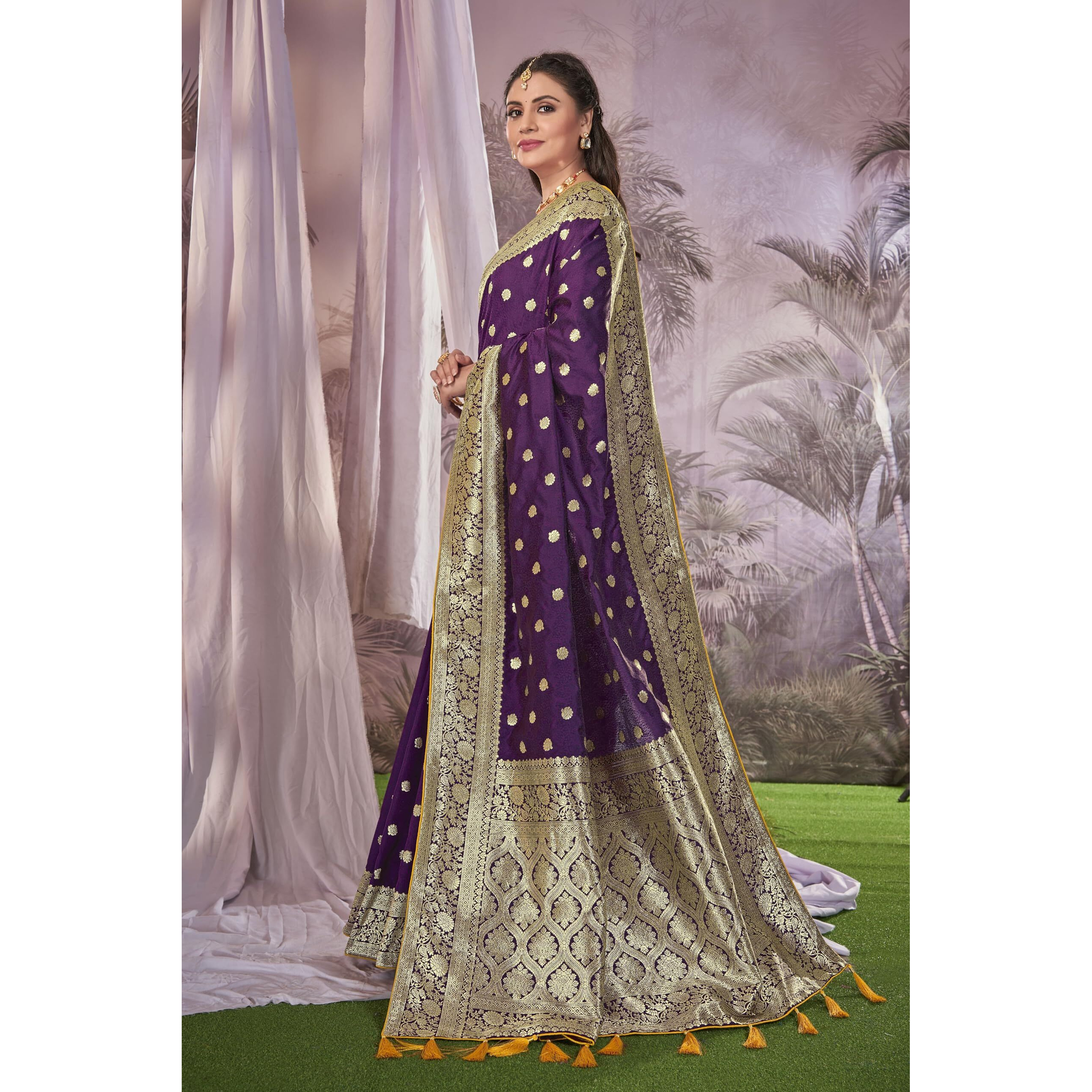 MANOHARI Heavy Banarasi Saree For Women With Unstitch Heavy Blouse Piece-1899-1 - Silk, Purple