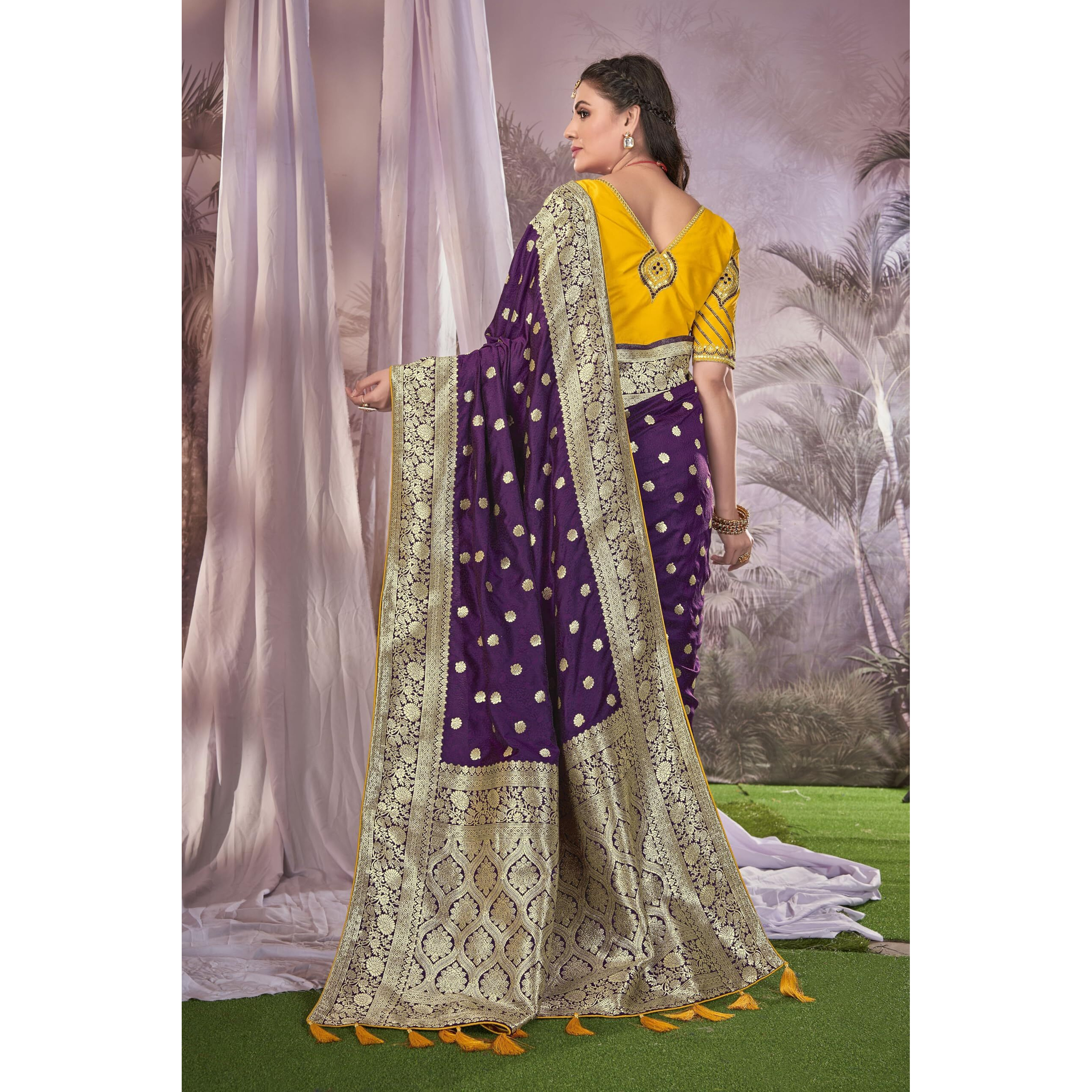 MANOHARI Heavy Banarasi Saree For Women With Unstitch Heavy Blouse Piece-1899-1 - Silk, Purple