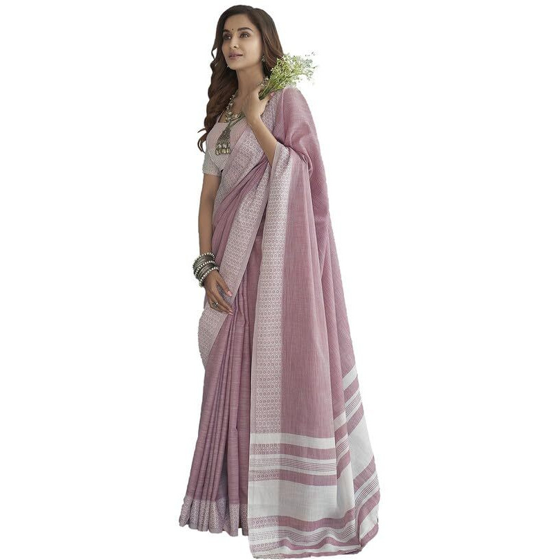 SIRIL Womens Self Woven, Jacquard Border Cotton Saree with Unstitched Blouse(3095S732_Light Pink, White)