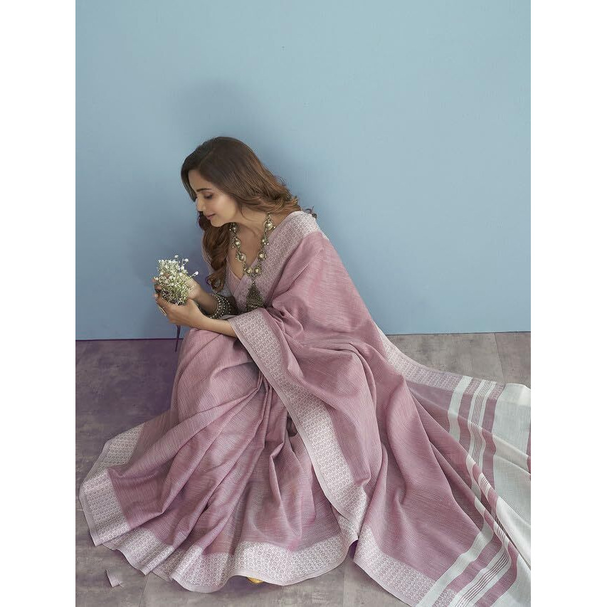 SIRIL Womens Self Woven, Jacquard Border Cotton Saree with Unstitched Blouse(3095S732_Light Pink, White)