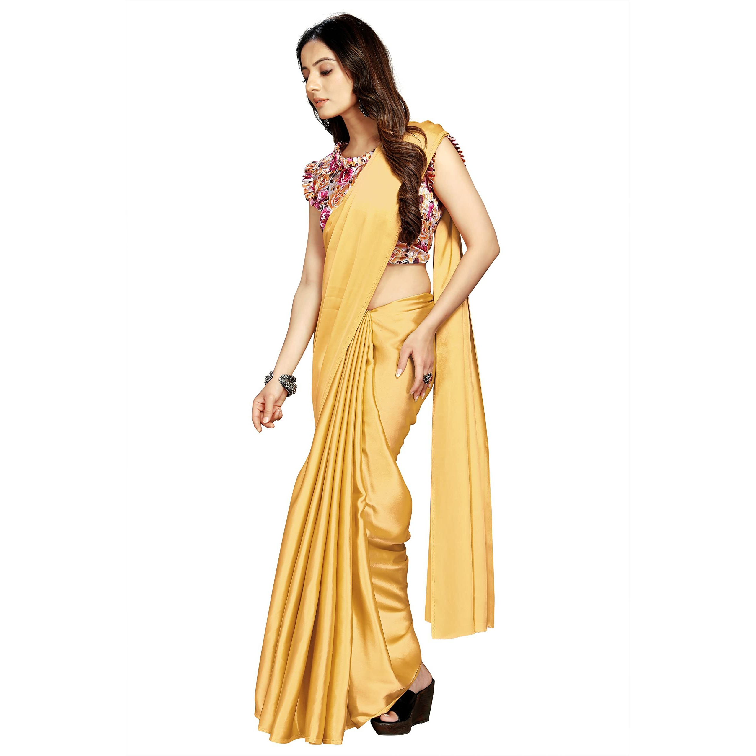 FLORESTA FASHION Womens Beautiful Soft Kanchipuram Satin Silk Plain Saree with Art Silk Digital Printed Designer Blouse (Golden)
