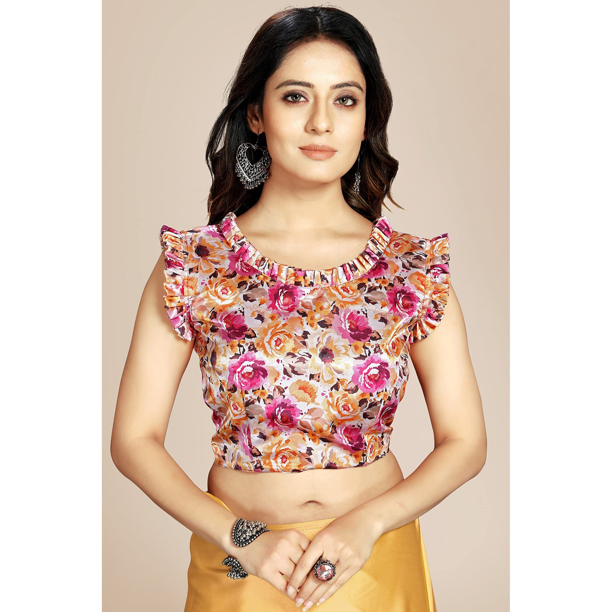 FLORESTA FASHION Womens Beautiful Soft Kanchipuram Satin Silk Plain Saree with Art Silk Digital Printed Designer Blouse (Golden)