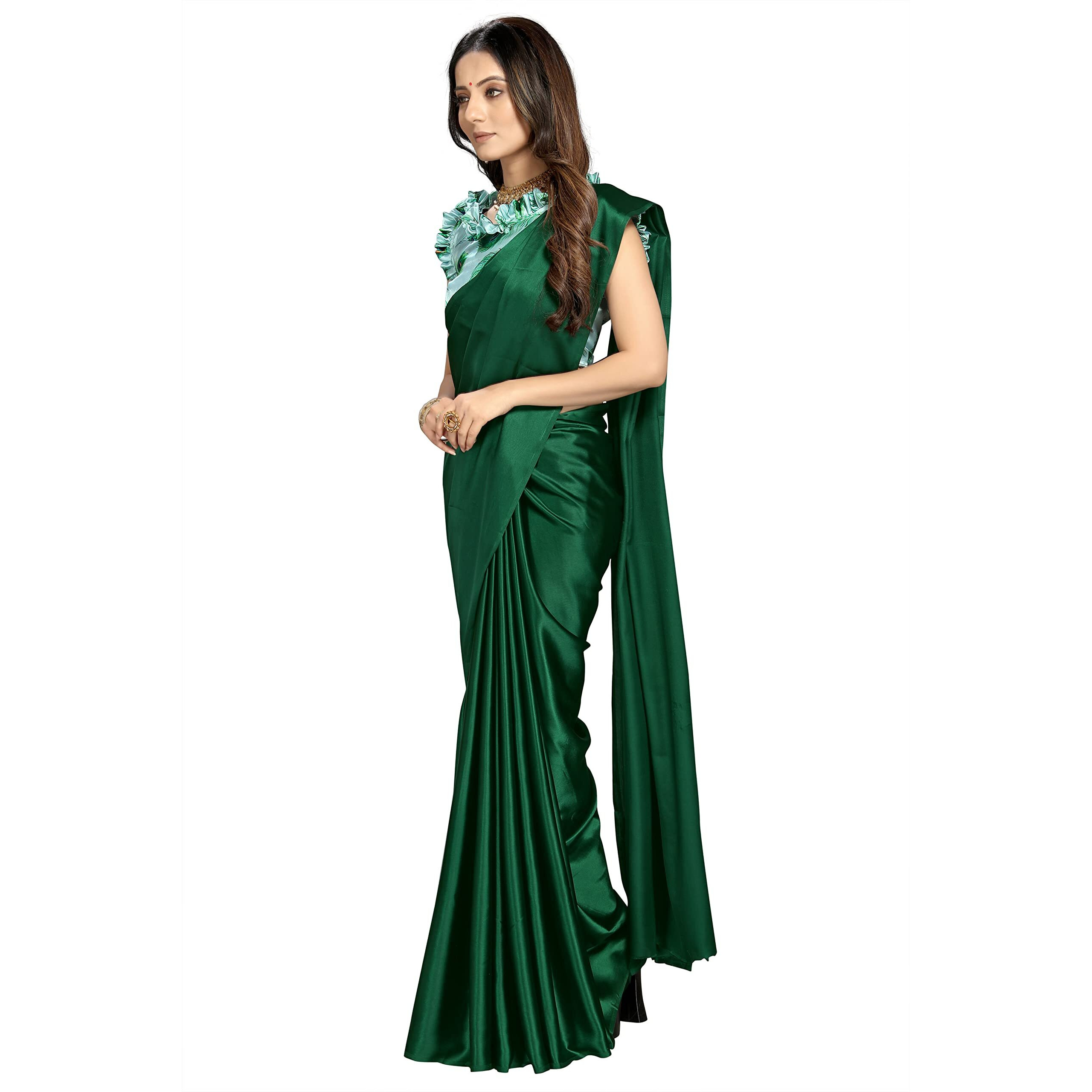 FLORESTA FASHION Women Soft Satin Silk Plain Saree With Art Silk Digital Printed Unstiched Blouse Piece.(Heavy Japan Satin Silk Saree of 5.5m saree length + 0.8m blouse piece) (GREEN)