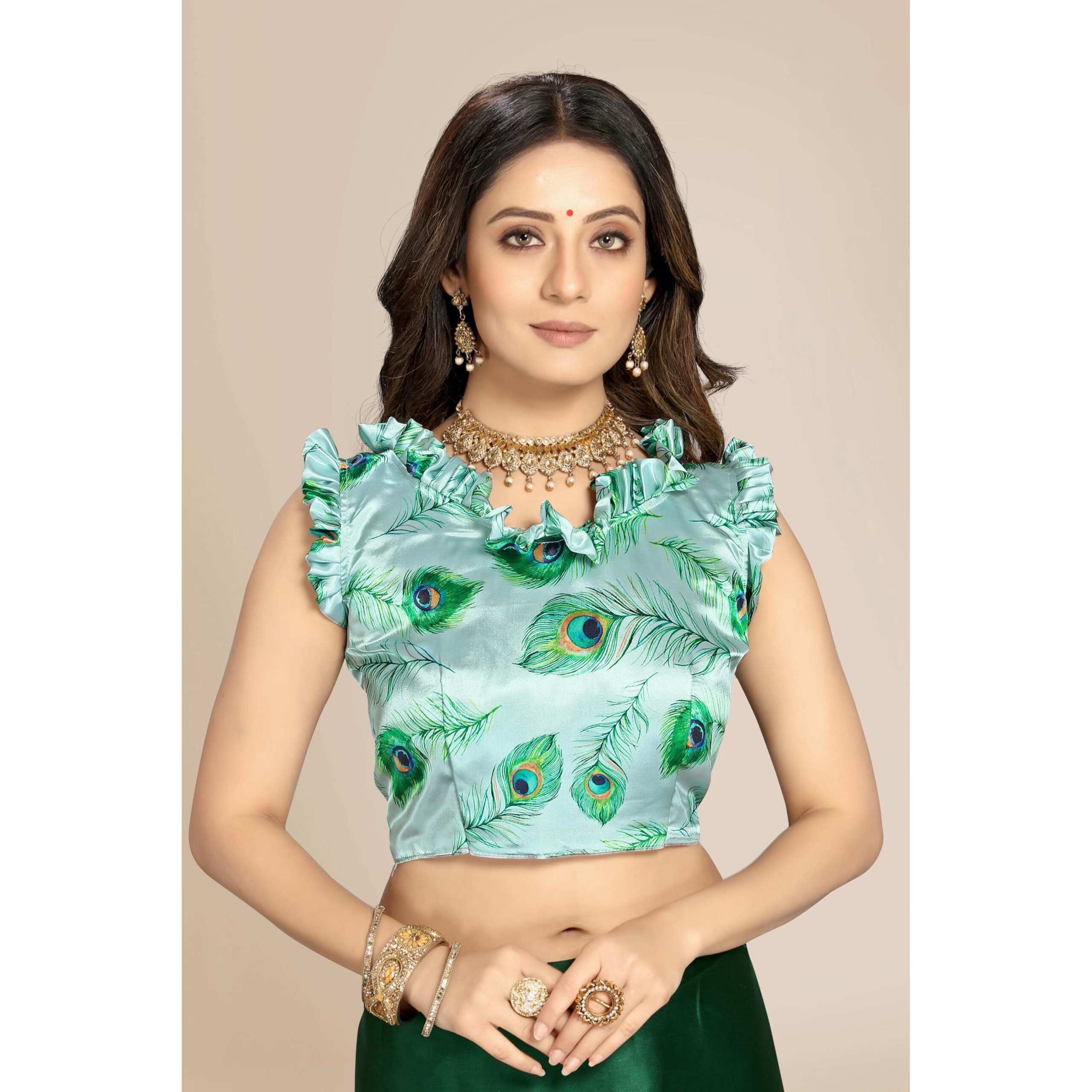 FLORESTA FASHION Women Soft Satin Silk Plain Saree With Art Silk Digital Printed Unstiched Blouse Piece.(Heavy Japan Satin Silk Saree of 5.5m saree length + 0.8m blouse piece) (GREEN)