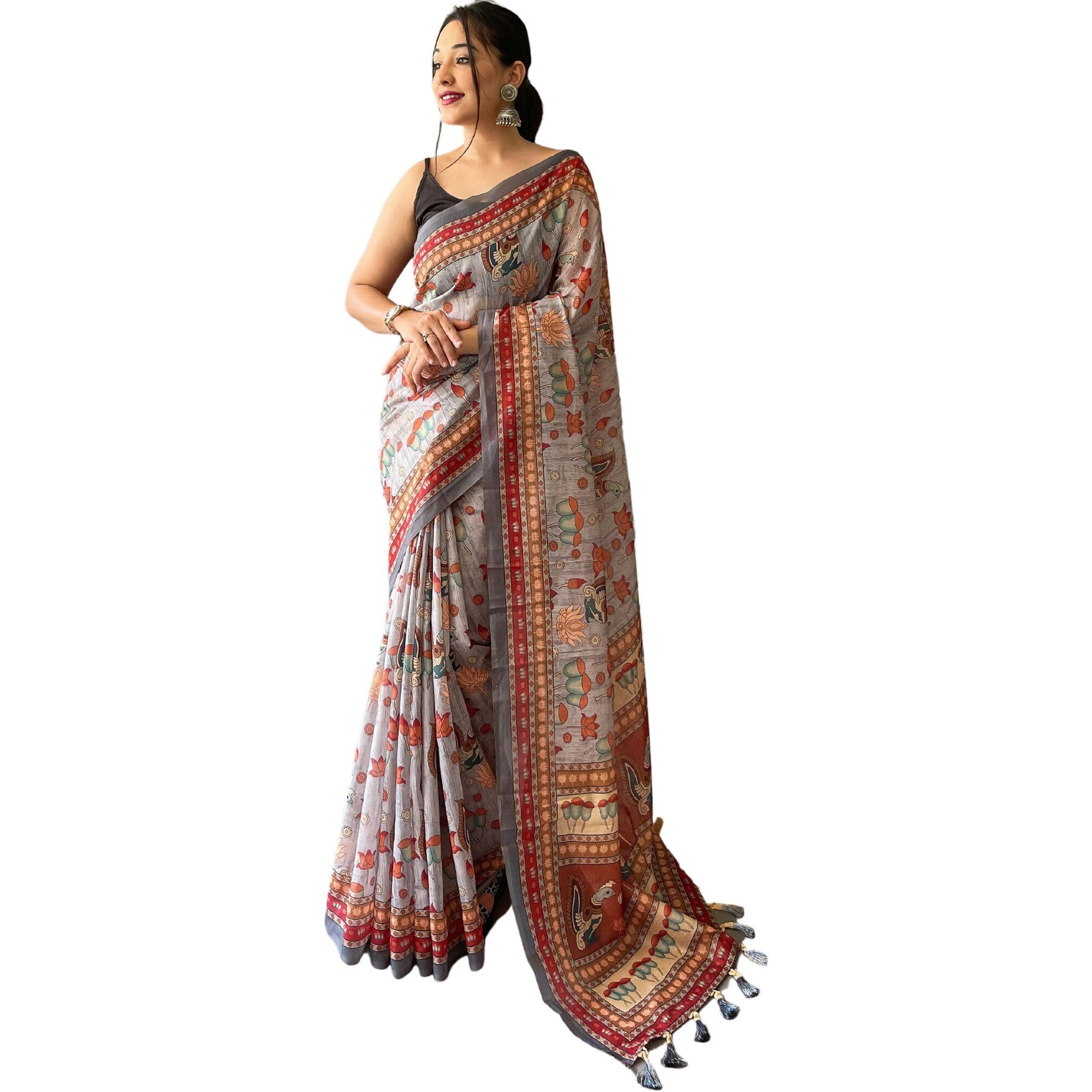 SGF11- Womens Cotton Linen Kalamkari Silk Printed Saree With Blouse Pieces (Light Gray)