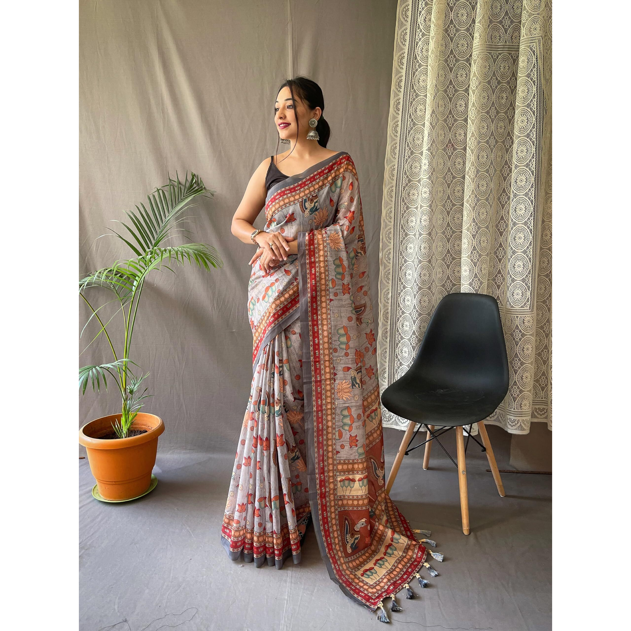 SGF11- Womens Cotton Linen Kalamkari Silk Printed Saree With Blouse Pieces (Light Gray)