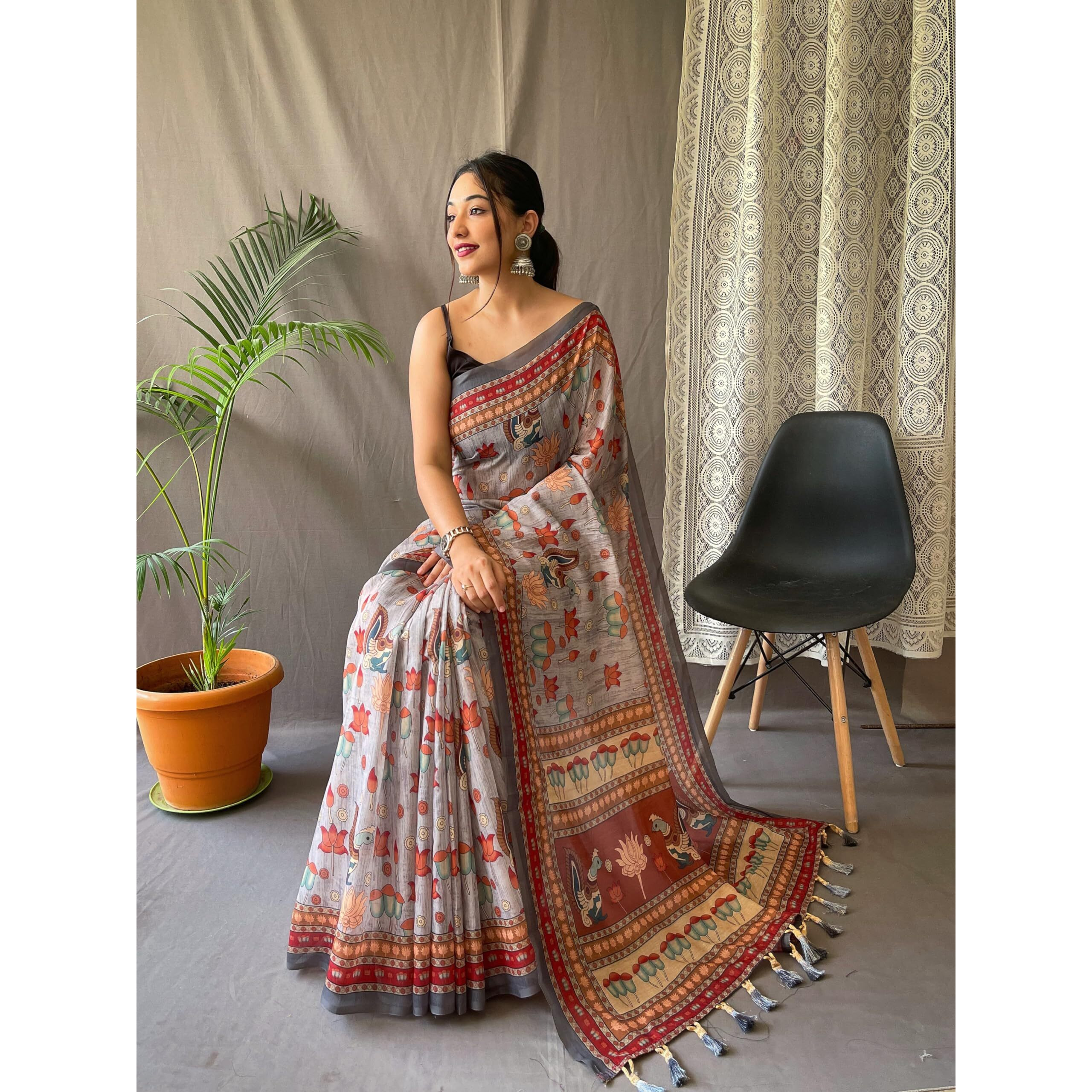SGF11- Womens Cotton Linen Kalamkari Silk Printed Saree With Blouse Pieces (Light Gray)