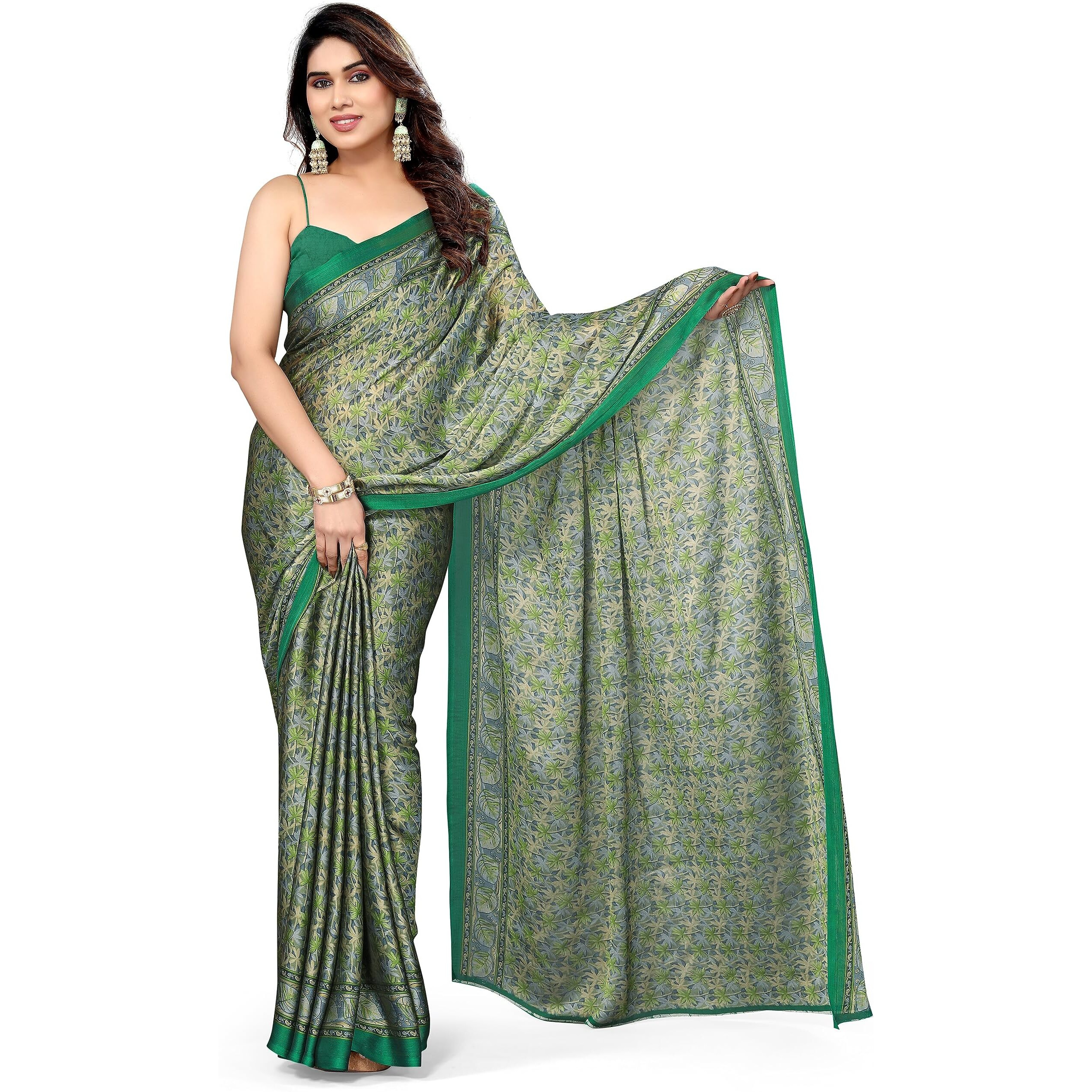 MIRCHI FASHION Womens Plain Weave Chiffon Floral Printed Saree with Blouse Piece (39263-Green, Grey)