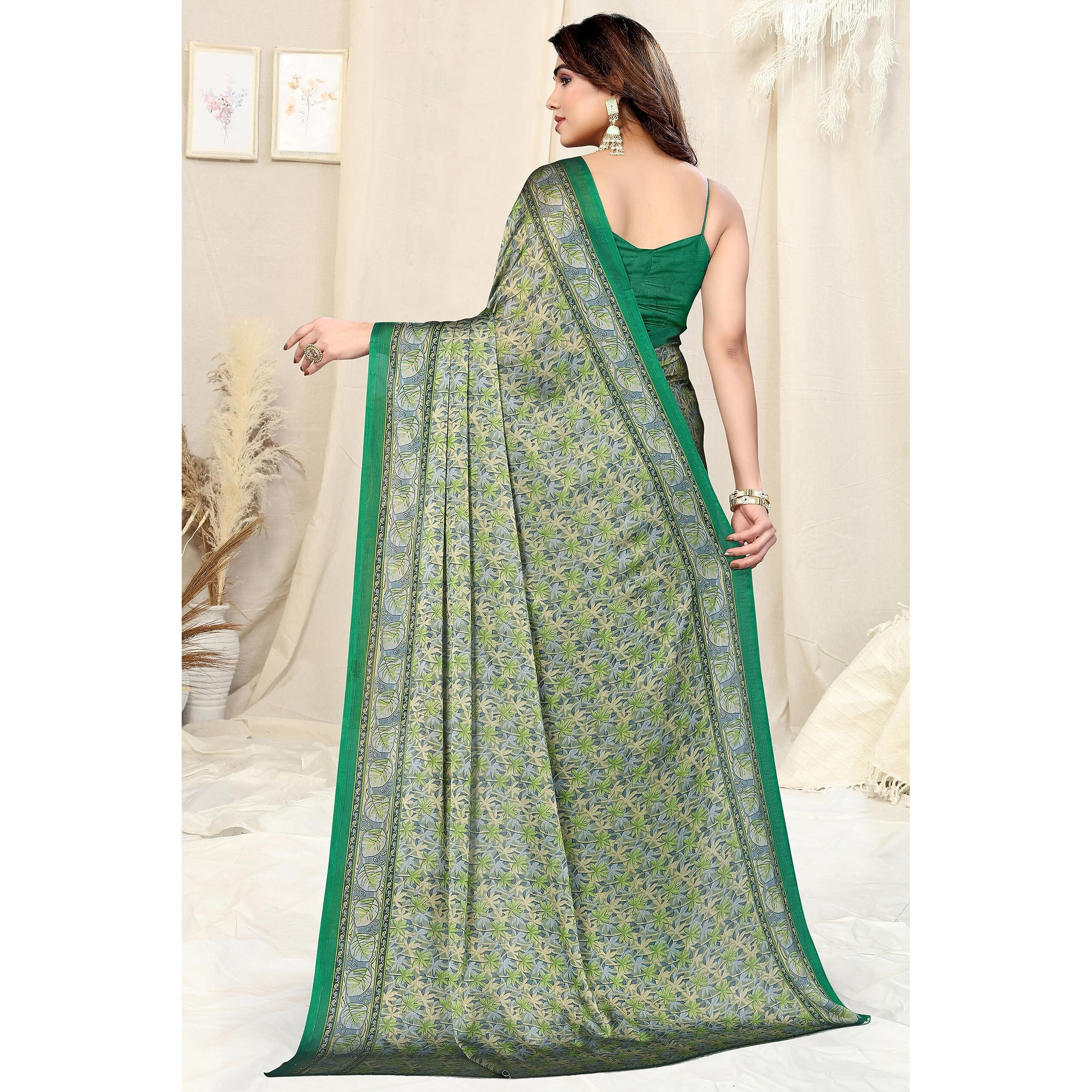 MIRCHI FASHION Womens Plain Weave Chiffon Floral Printed Saree with Blouse Piece (39263-Green, Grey)