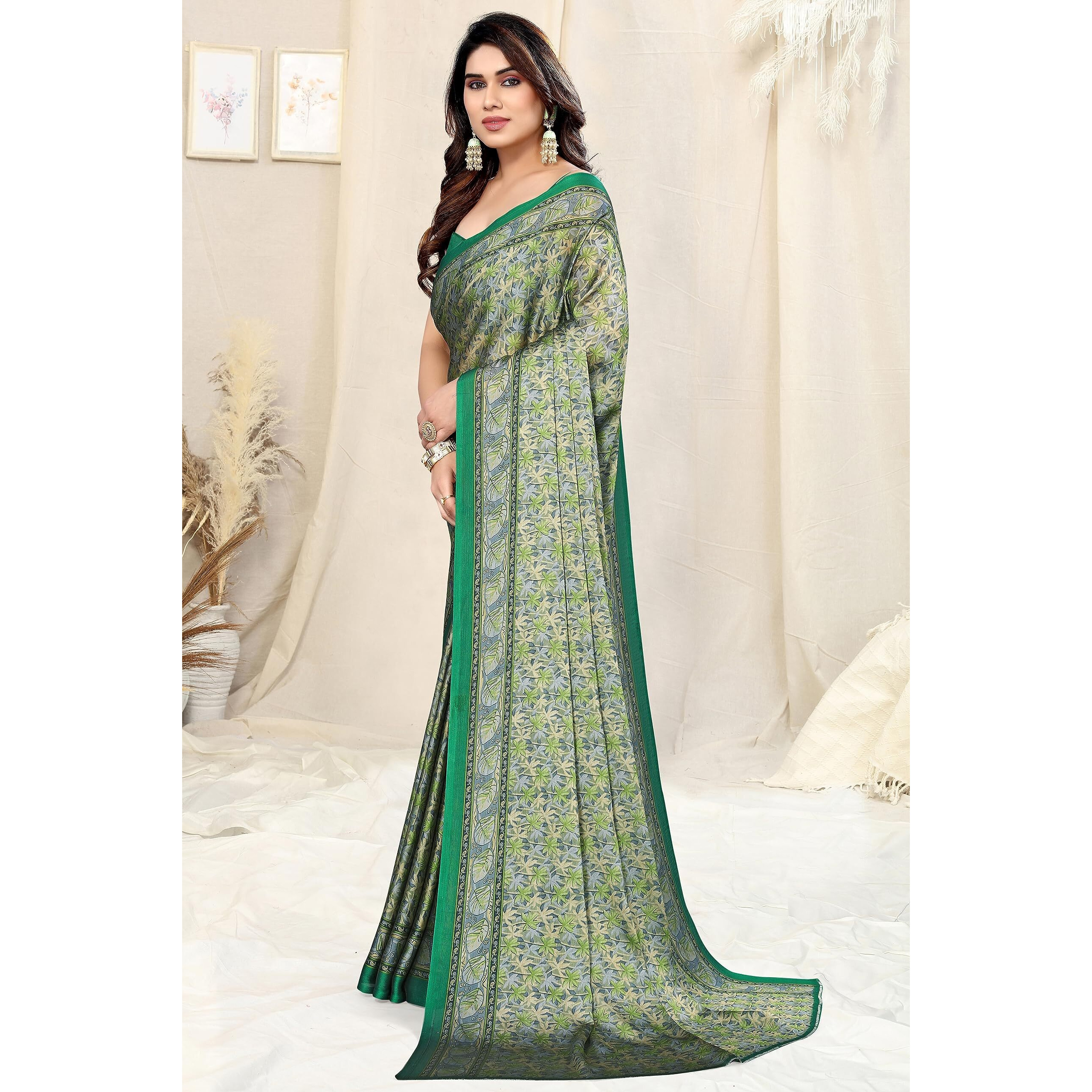 MIRCHI FASHION Womens Plain Weave Chiffon Floral Printed Saree with Blouse Piece (39263-Green, Grey)