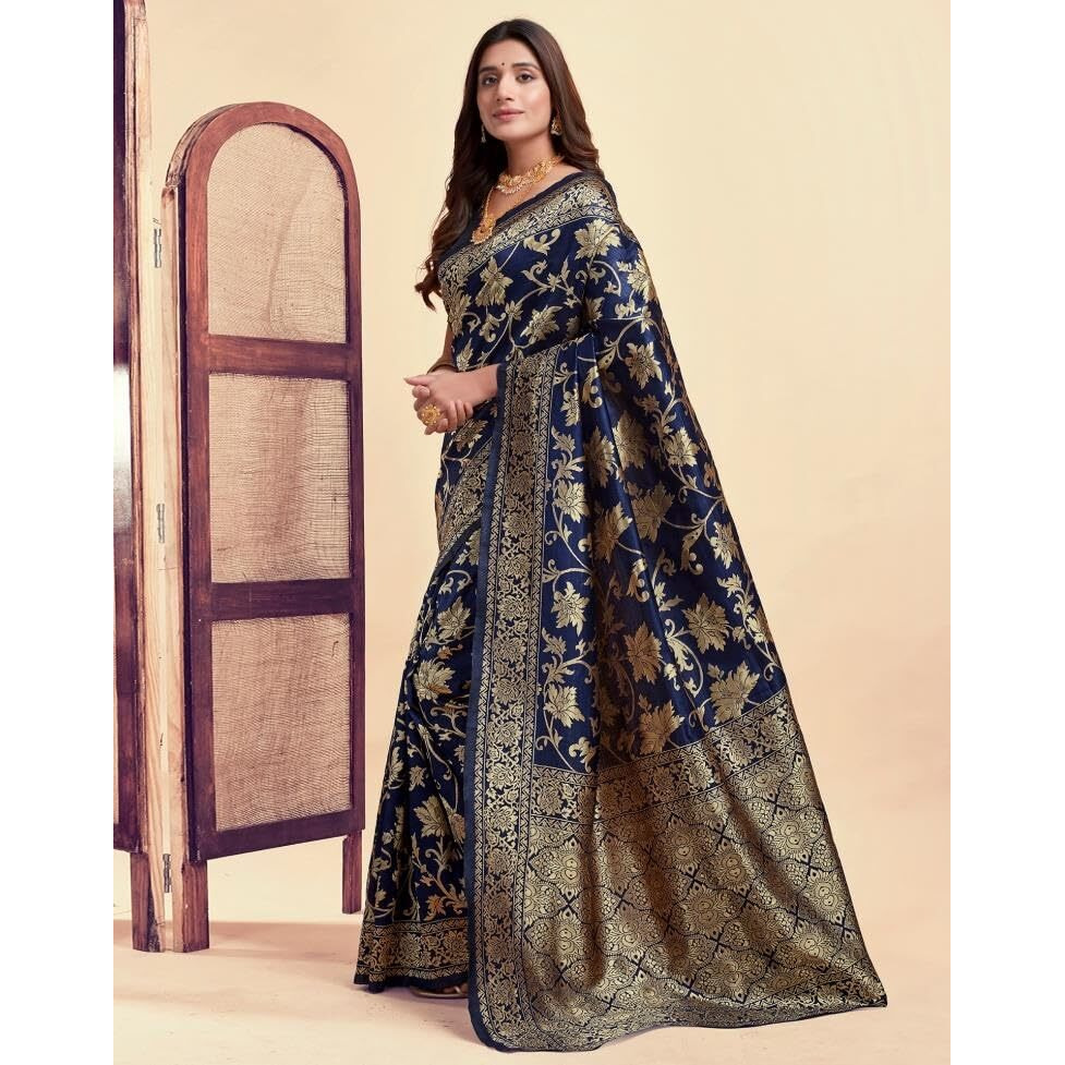 Sugathari Womens Pure Kanjivaram Silk Saree Banarasi Silk Saree With Blouse Piece (SAM PARI S-7) (Navy Blue)