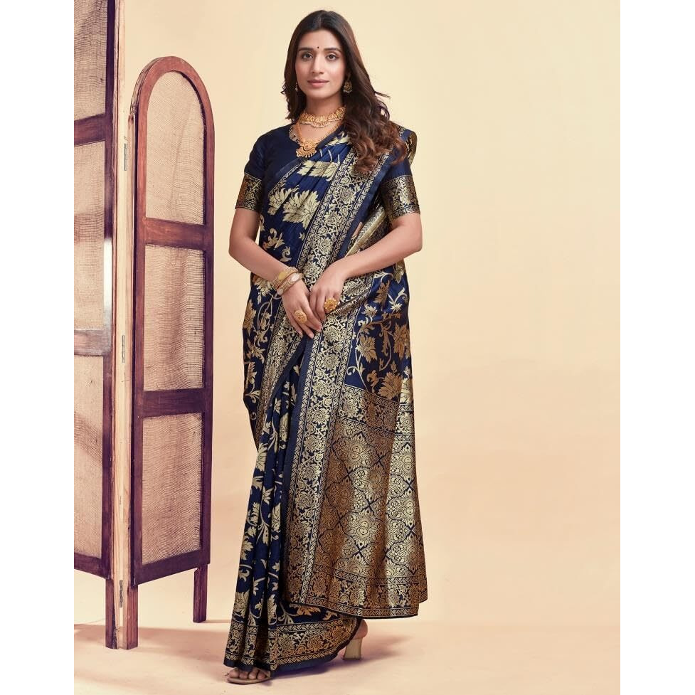 Sugathari Womens Pure Kanjivaram Silk Saree Banarasi Silk Saree With Blouse Piece (SAM PARI S-7) (Navy Blue)